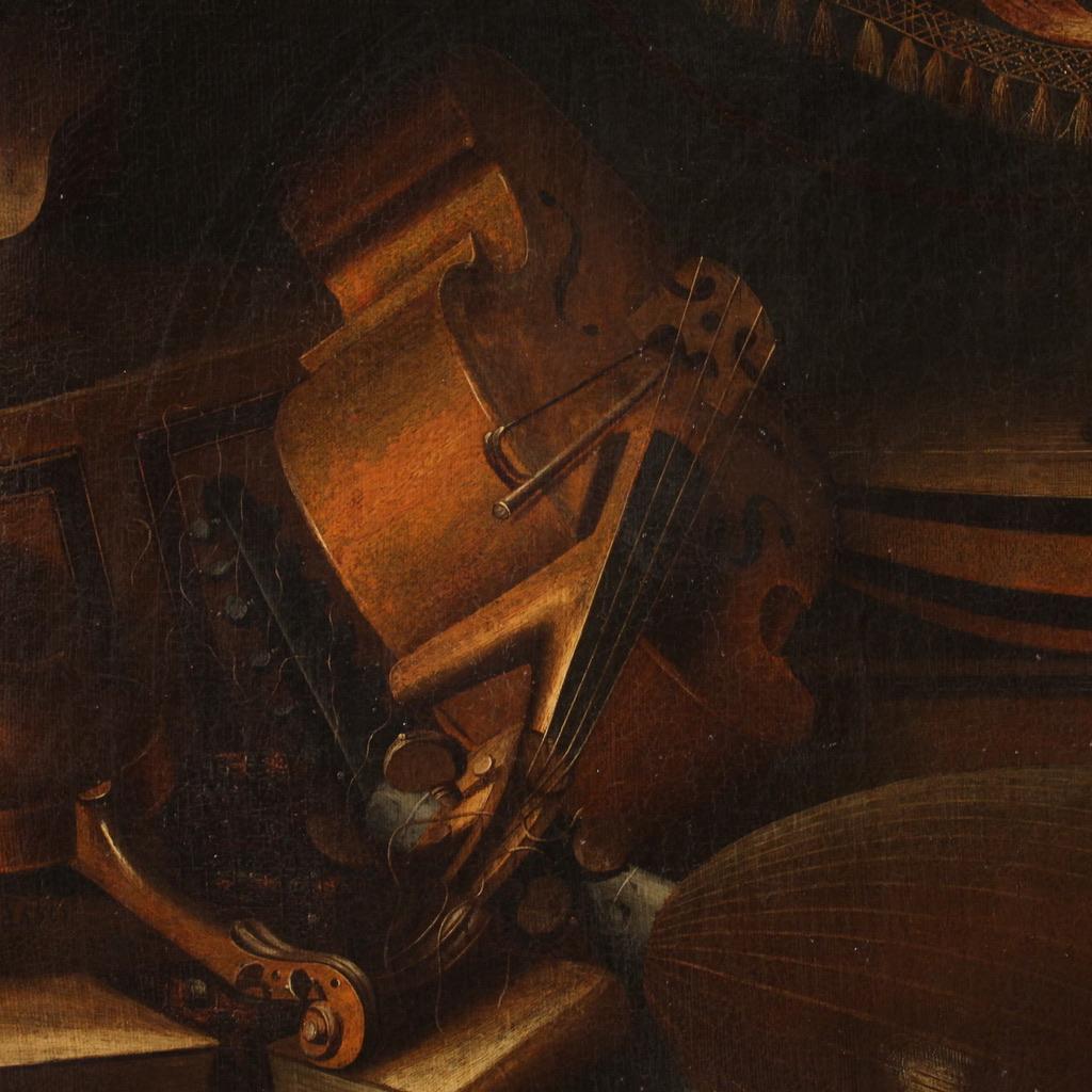 18th Century Oil on Canvas Musical Instruments Still Life Italian Painting, 1740 For Sale 8