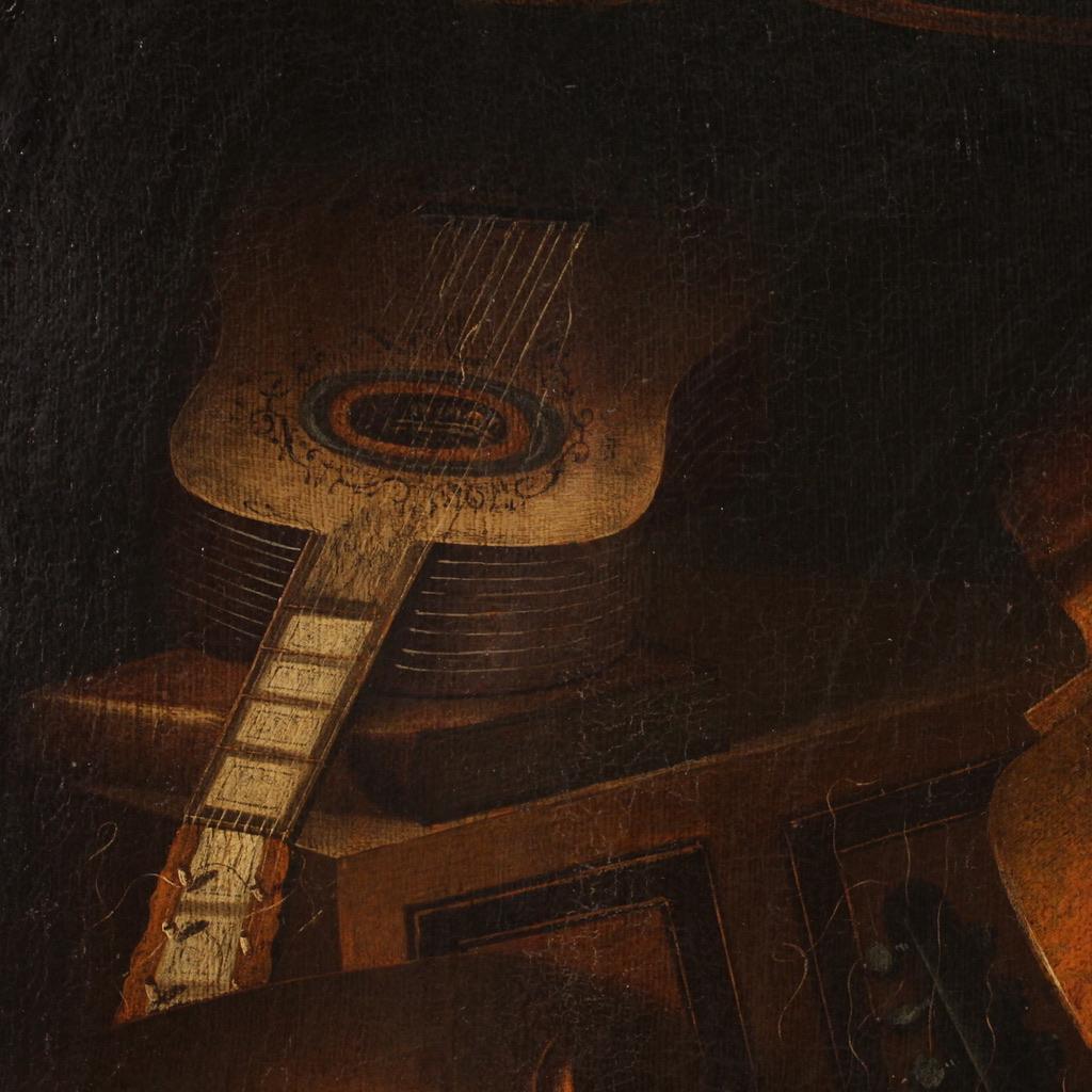 18th Century Oil on Canvas Musical Instruments Still Life Italian Painting, 1740 For Sale 9