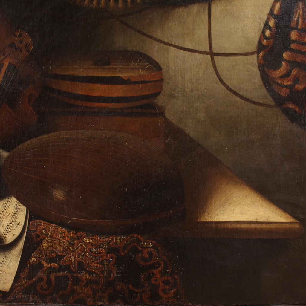 18th Century Oil on Canvas Musical Instruments Still Life Italian Painting, 1740 For Sale 12