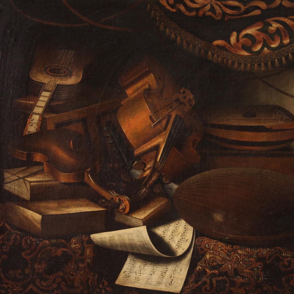 Great Italian painting from the first half of the 18th century. Oil on canvas artwork from the Lombard school depicting a splendid musical still life, of notable pictorial quality. We see violins, guitars and lutes portrayed with great precision and