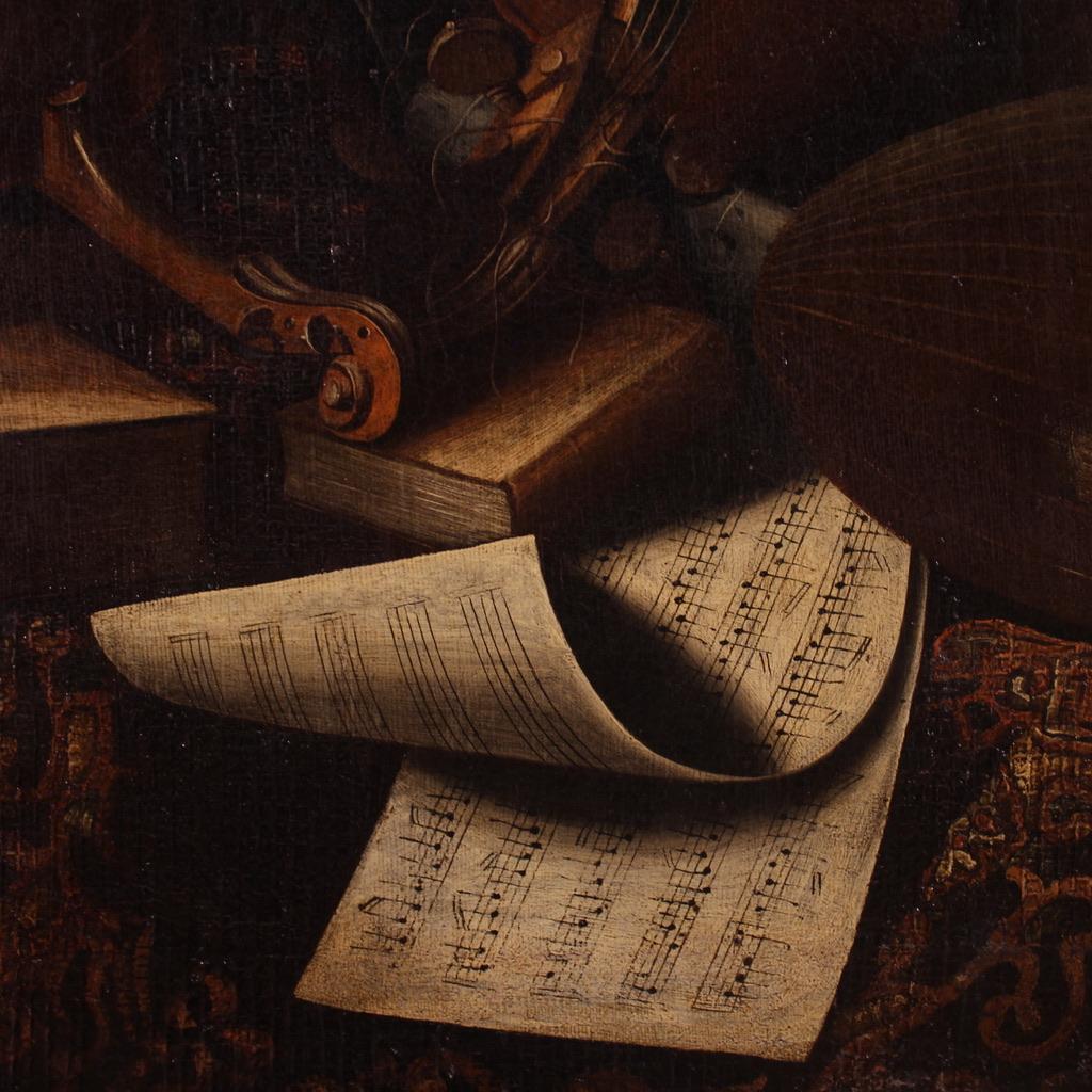 18th Century Oil on Canvas Musical Instruments Still Life Italian Painting, 1740 For Sale 1