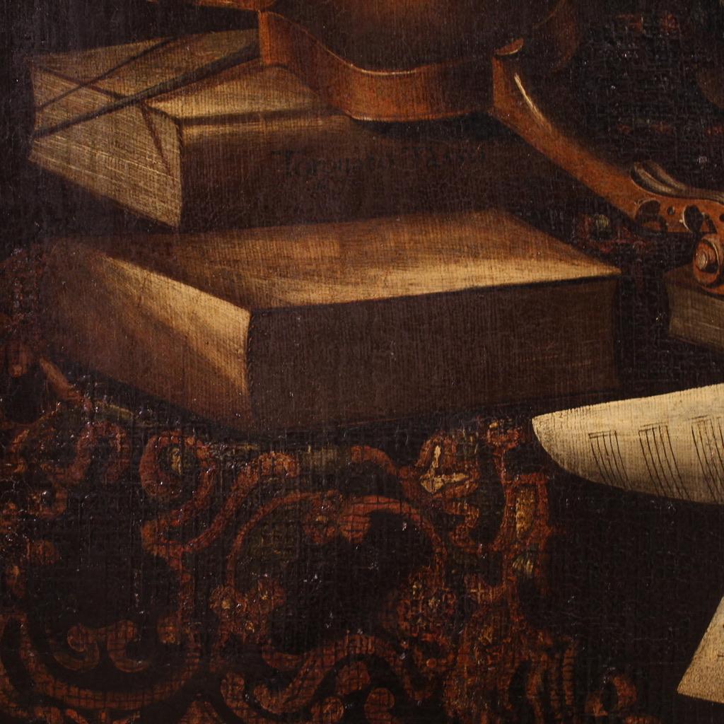 18th Century Oil on Canvas Musical Instruments Still Life Italian Painting, 1740 For Sale 2