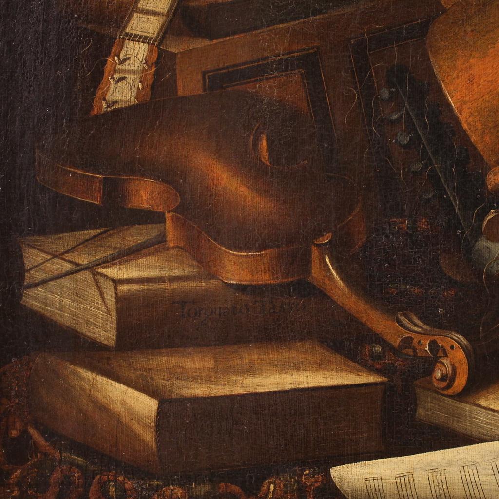 18th Century Oil on Canvas Musical Instruments Still Life Italian Painting, 1740 For Sale 6