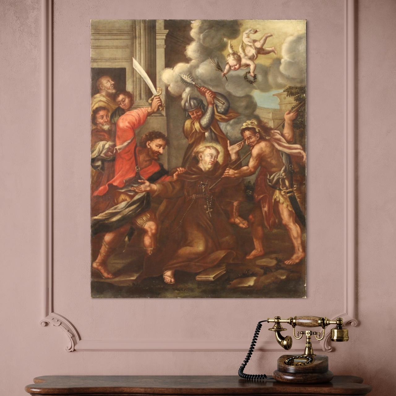 18th Century Oil On Canvas Painting Martyrdom Saint Fidelis of Sigmaringen, 1770 - Figurative Painting Black di Unknown
