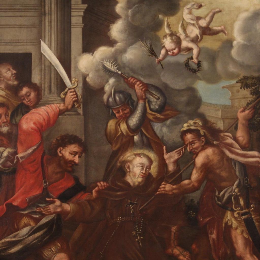 Antique Italian painting from the 18th century. Artwork oil on canvas depicting a religious subject Martyrdom of Fidelis from Sigmaringen (Markus Roy) of good pictorial quality. Painting of beautiful size and great character for antique dealers,