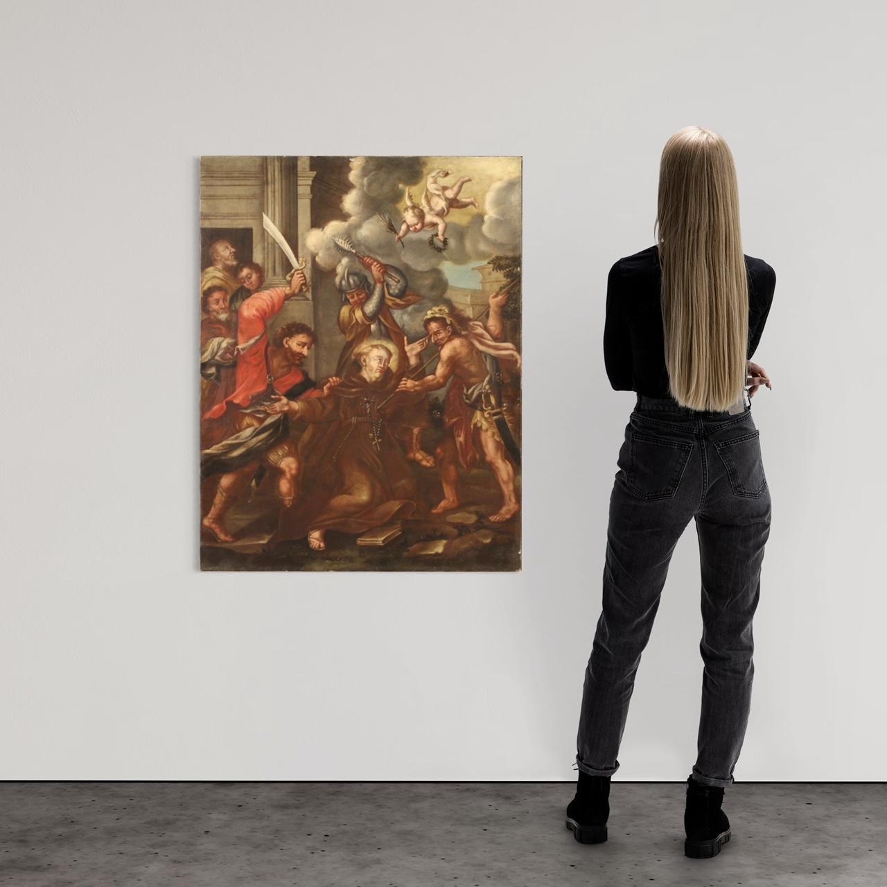 Antikes italienisches Gemälde aus dem 18. Jahrhundert. Kunstwerk Öl auf Leinwand mit einem religiösen Thema Martyrium des Fidelis aus Sigmaringen (Markus Roy) von guter malerischer Qualität. Gemälde von schöner Größe und großem Charakter für