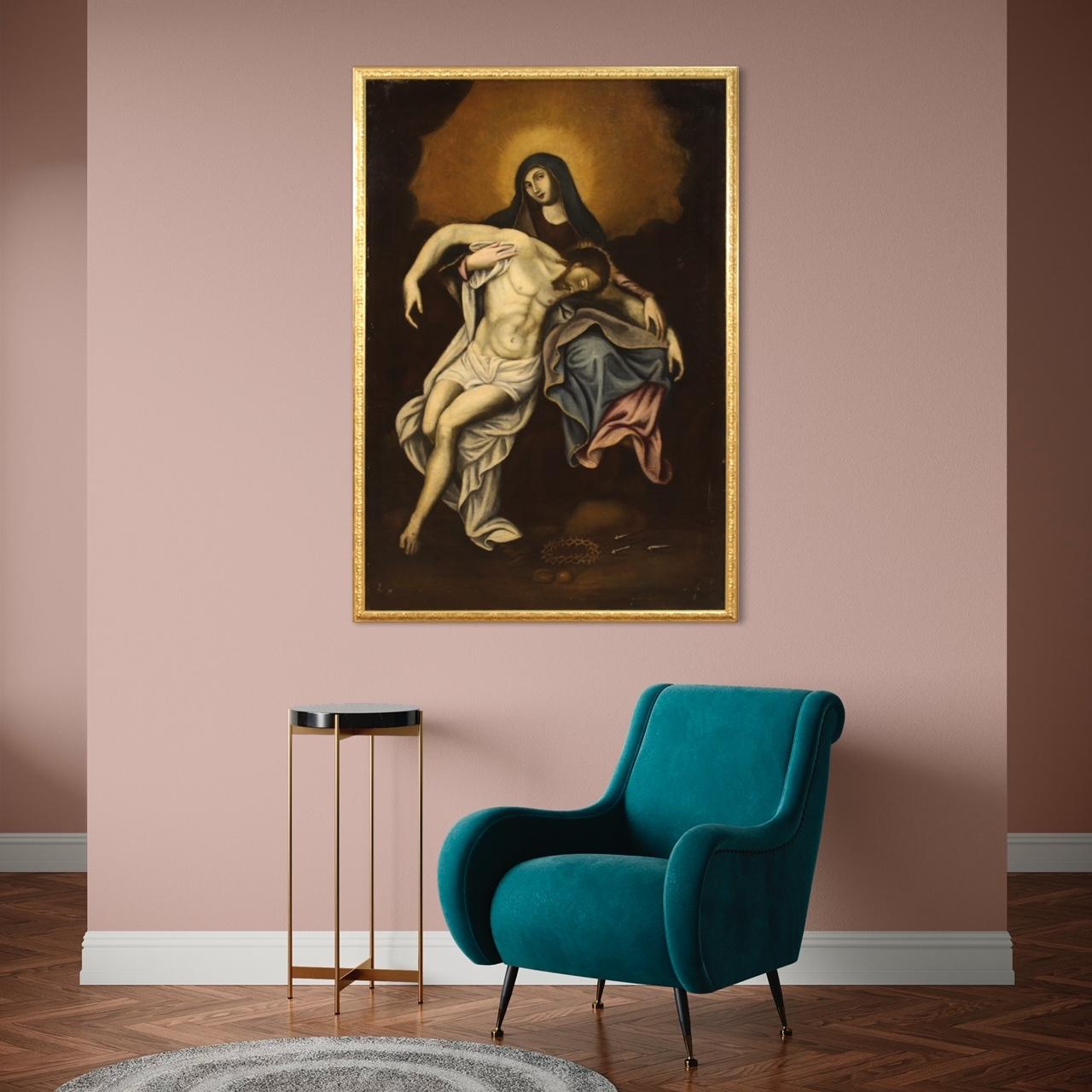 18. Jahrhundert Öl auf Leinwand Spanisch religiöse Malerei Jungfrau mit Christus, 1750 im Angebot 9