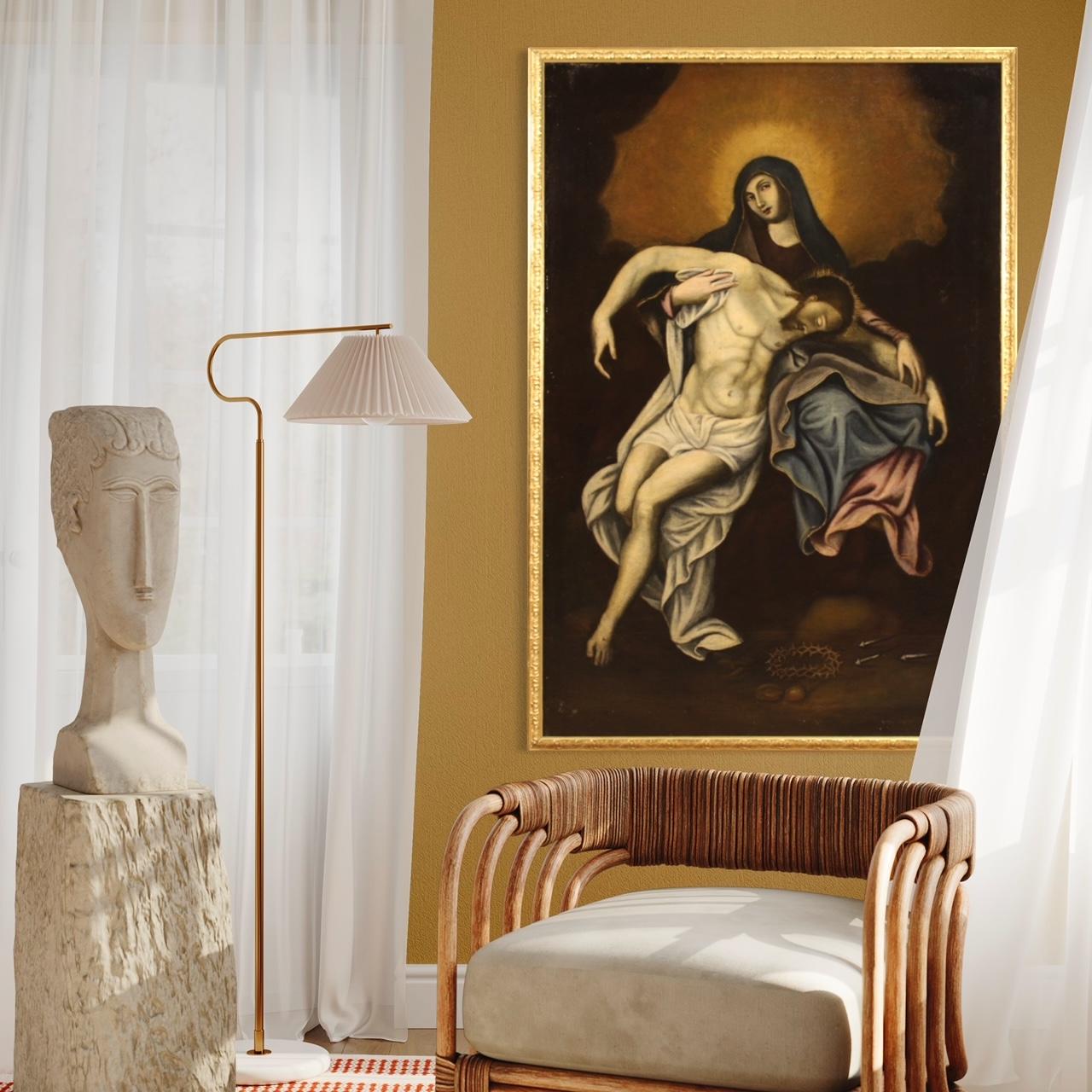 Antikes spanisches Gemälde aus dem 18. Jahrhundert. Rahmen Öl auf Leinwand, die ein religiöses Thema Frömmigkeit, Jungfrau mit abgesetzten Christus, von guter malerischer Qualität. Große Größe und Wirkung Gemälde mit einem modernen Rahmen aus Holz