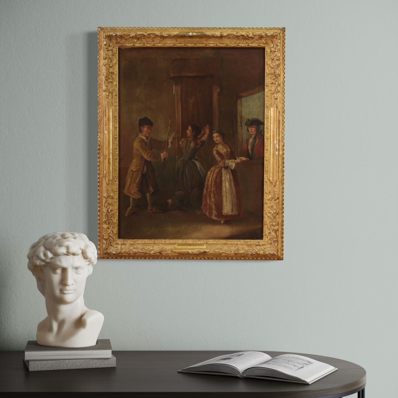 Escuela veneciana de la segunda mitad del siglo XVIII. Óleo sobre lienzo que representa una escena de interior con figuras atribuible a un seguidor de Pietro Longhi (1702-1785), de notable calidad pictórica. Encontramos cuatro personajes en esta