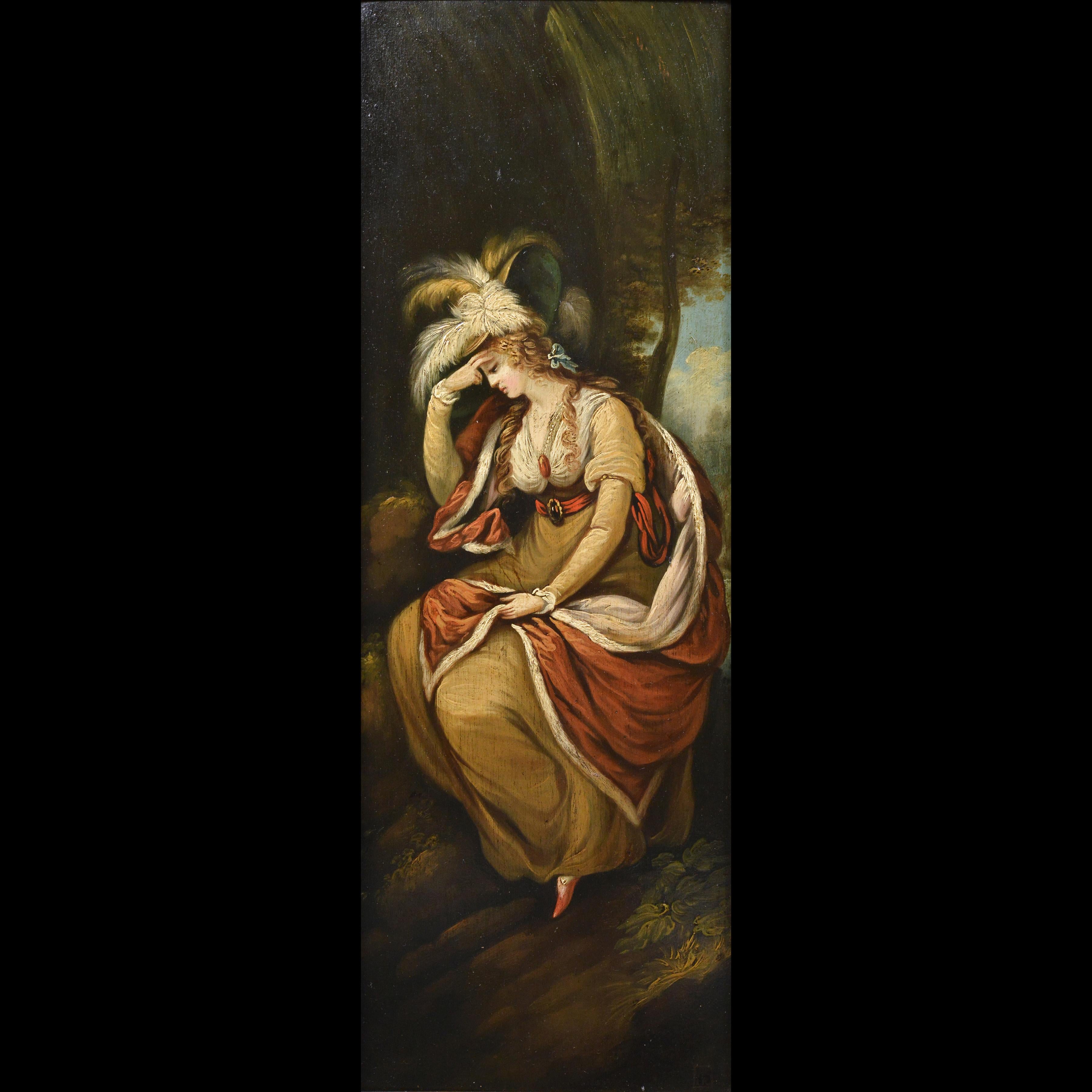 Olio su pannello del XVIII secolo Ritratto di nobildonna con cappello piumato firmato in cornice - Painting Realismo di Unknown