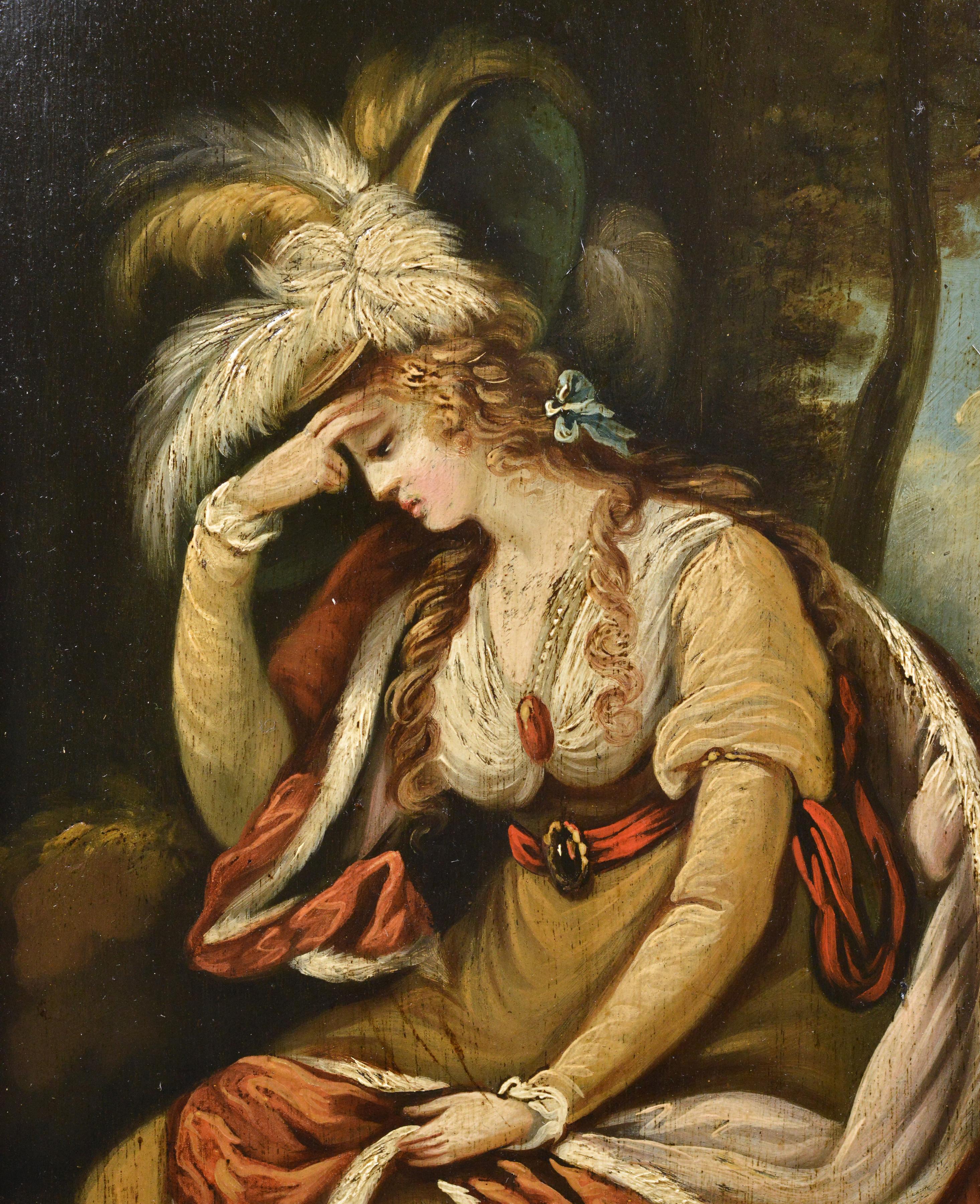 Olio su pannello del XVIII secolo Ritratto di nobildonna con cappello piumato firmato in cornice - Portrait Painting Marrone di Unknown