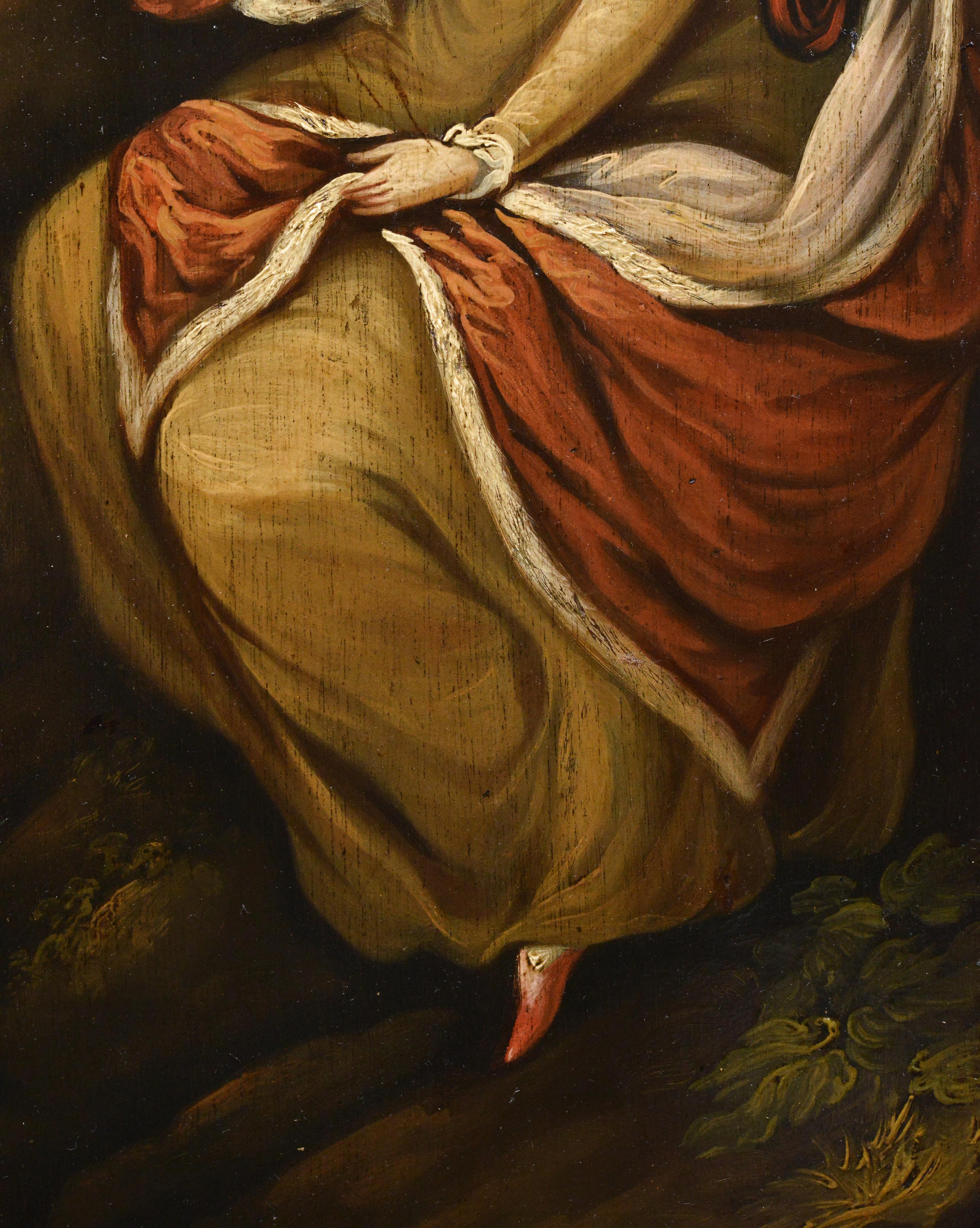 Un elegante ritratto della fine del XVIII secolo in olio su tavola, che raffigura un'aristocratica signora contemplativa seduta all'ombra degli alberi. La modella è immortalata in una posa di pensierosa malinconia, con la mano graziosamente