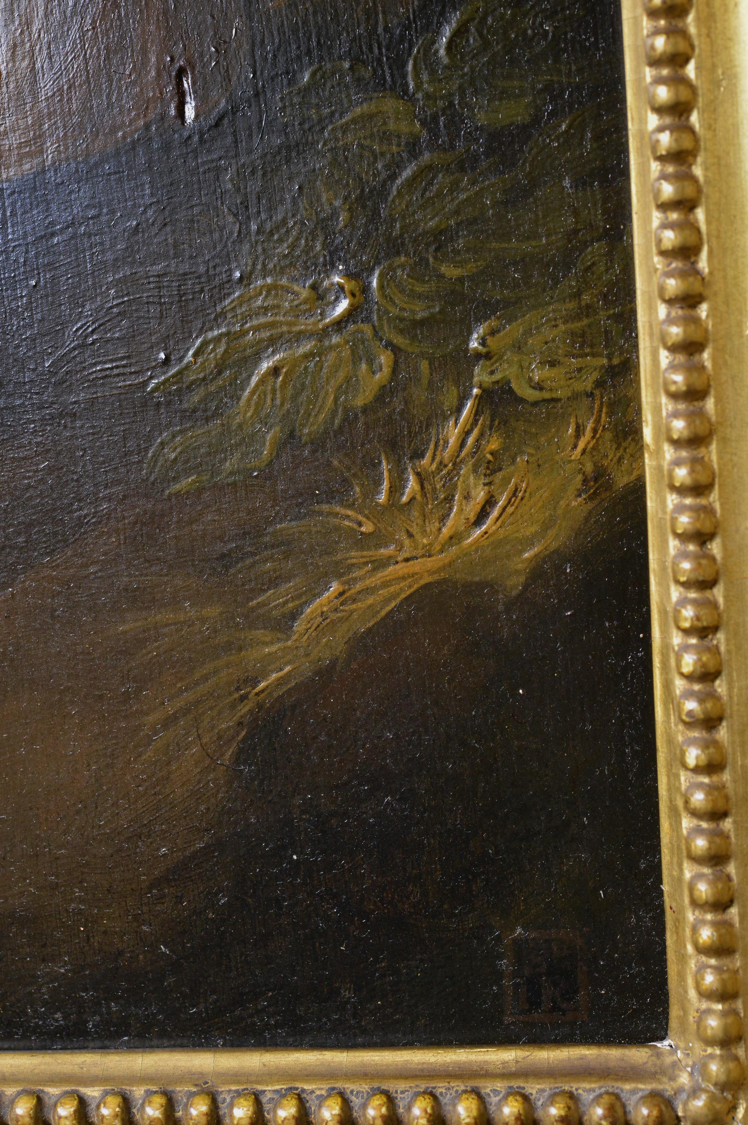 Olio su pannello del XVIII secolo Ritratto di nobildonna con cappello piumato firmato in cornice in vendita 1