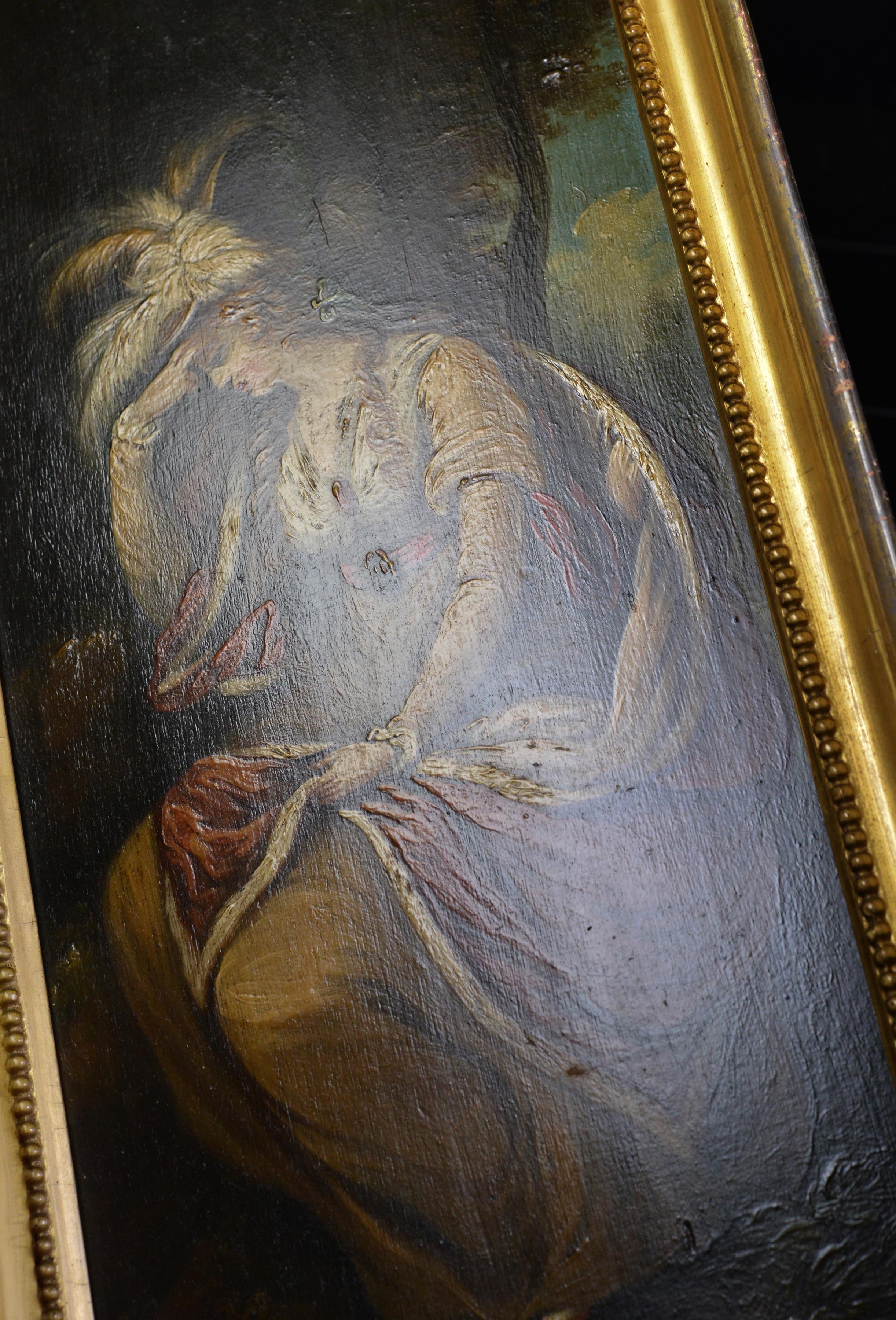 Olio su pannello del XVIII secolo Ritratto di nobildonna con cappello piumato firmato in cornice in vendita 3