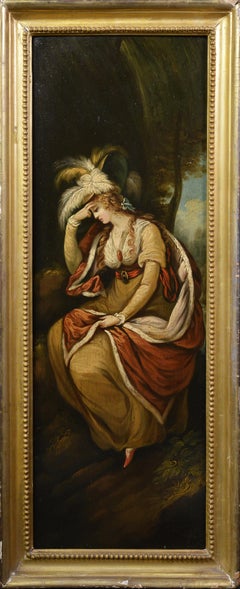Olio su pannello del XVIII secolo Ritratto di nobildonna con cappello piumato firmato in cornice