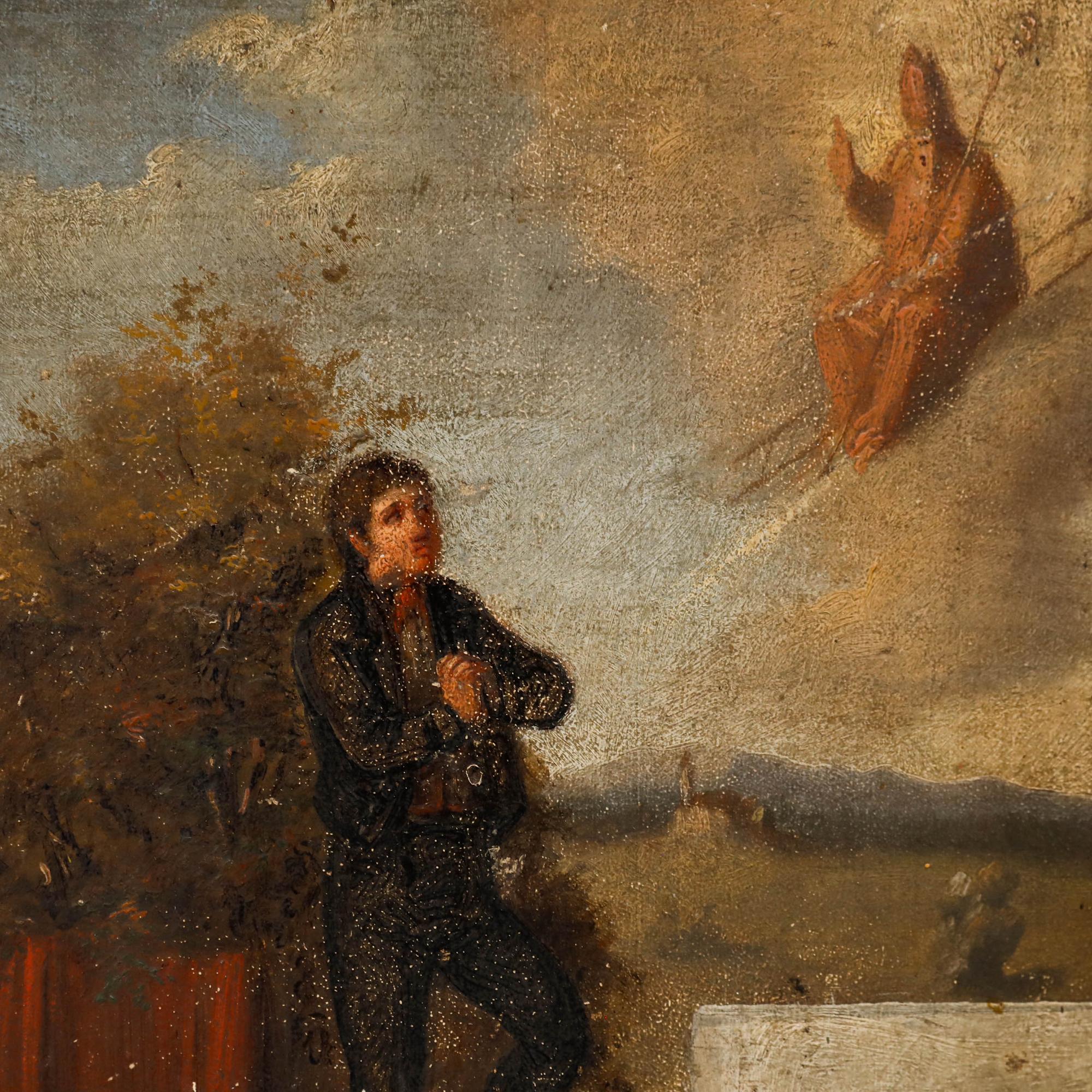 Un cautivador óleo del siglo XVIII que representa a un caballero en oración ante San Pedro, que aparece celestial entre las nubes. A lo lejos, una pintoresca iglesia enclavada en un sereno paisaje pastoral. Sin firmar. En el panel.