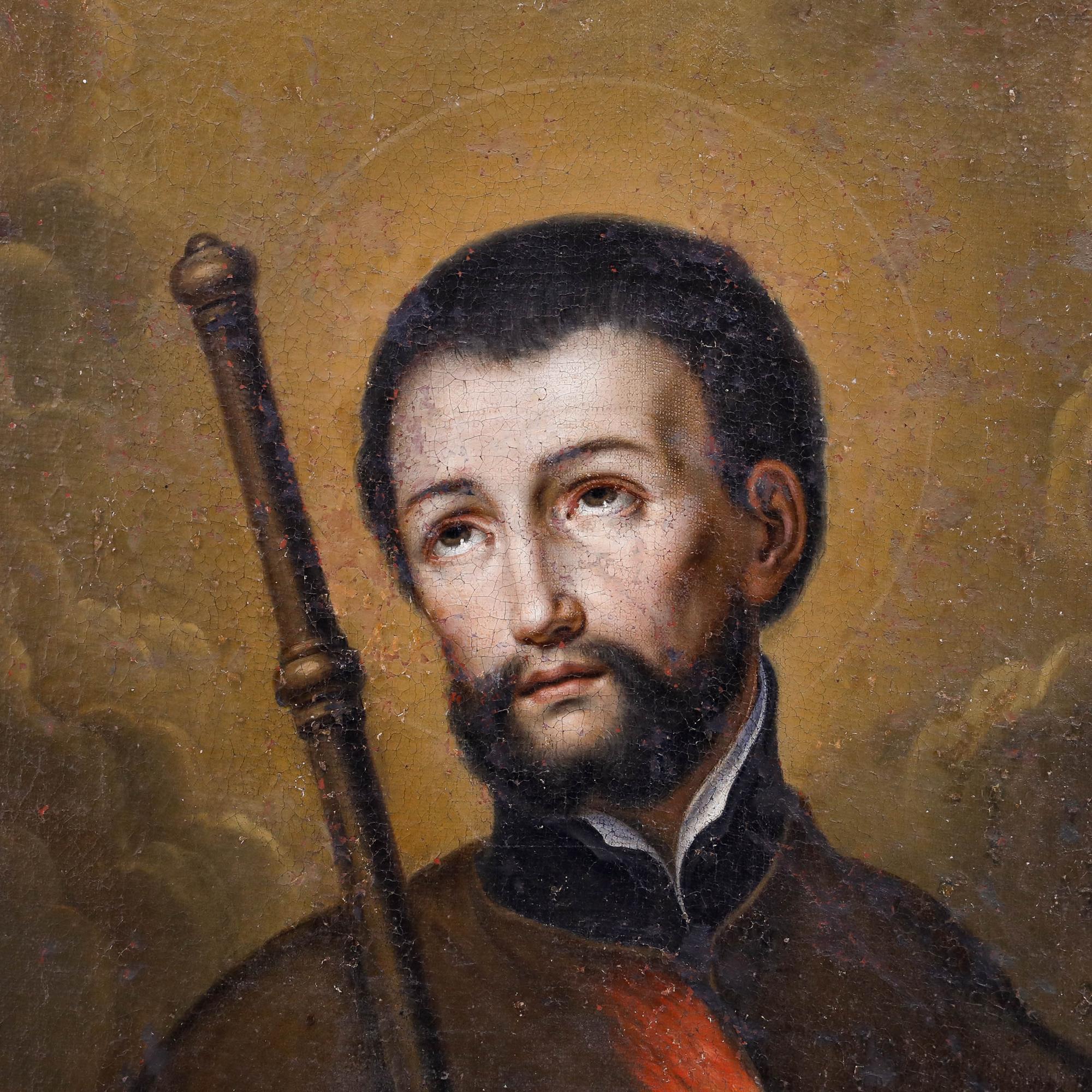 Un evocador óleo del siglo XVIII que representa a San Francisco Javier, misionero católico del siglo XVI y cofundador de la orden de los jesuitas. El artista ha representado la figura con elementos como el fuego ardiente en su corazón para