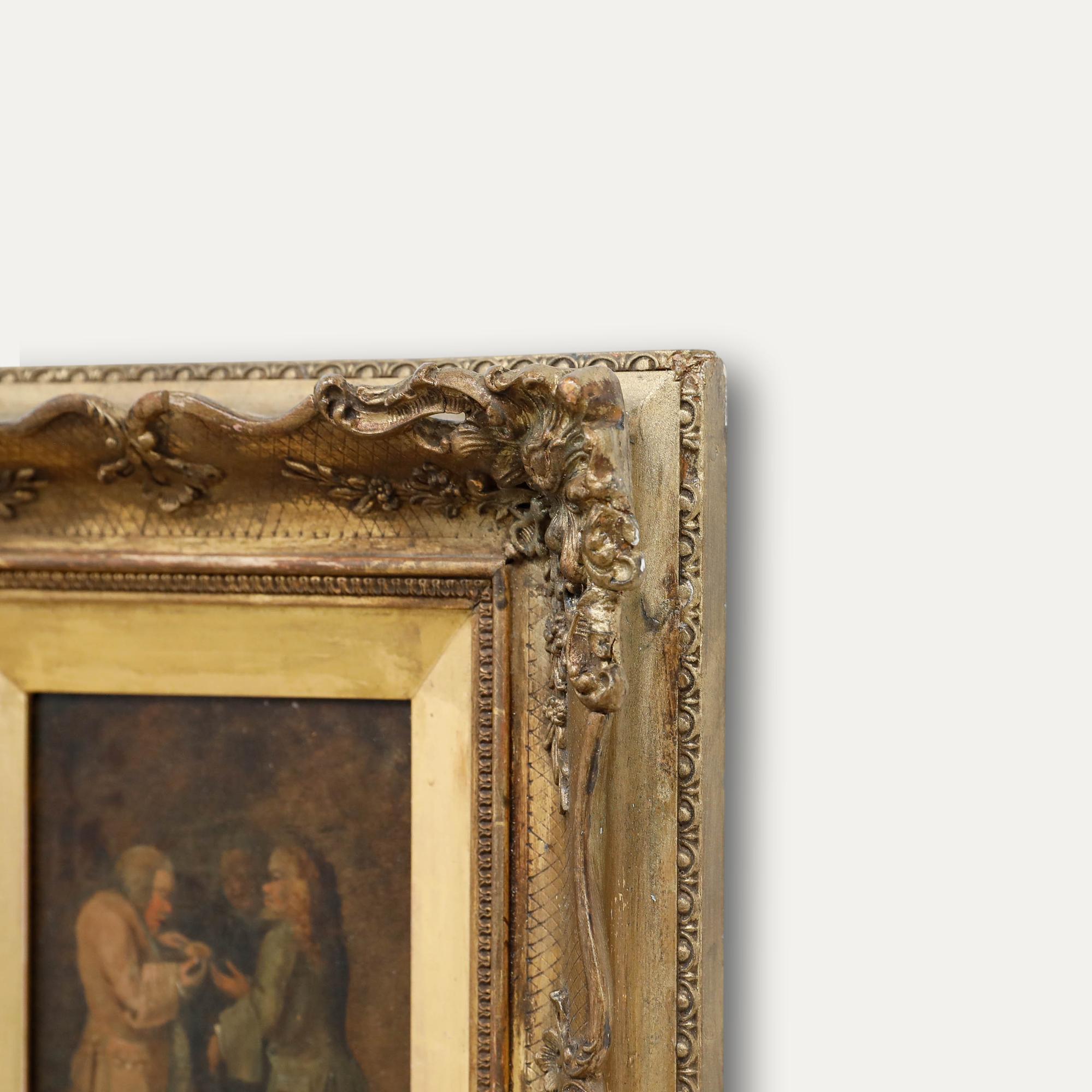 A charming 18th-century oil depicting a curious interaction between three gentlemen. Unsigned. Inscribed indistinctly verso. Well presented in a swept frame with hatching and ornate corner ornaments. On panel.
