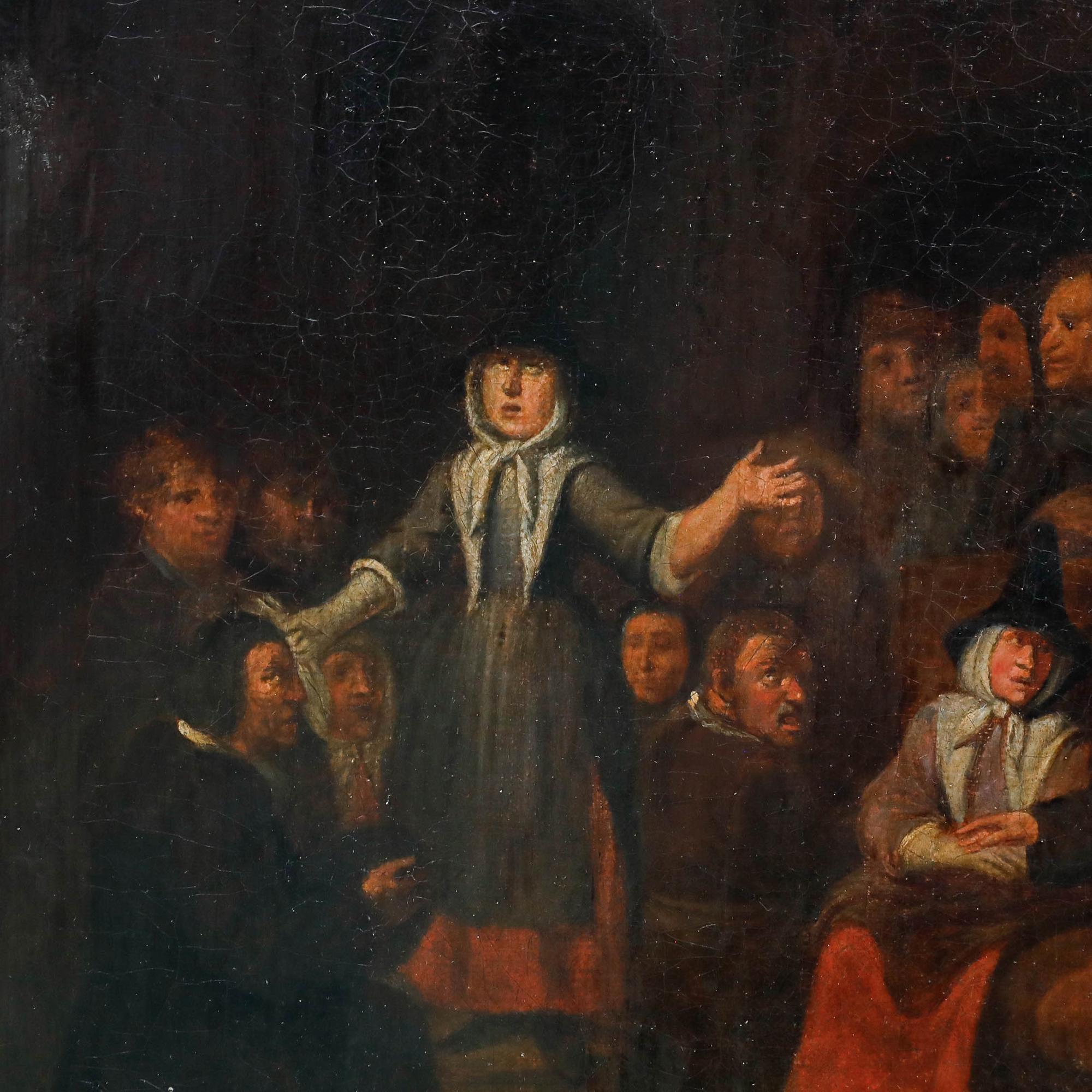 Este íntimo cuadro de género representa a unos peregrinos reunidos en una concurrida escena interior, representada con la característica técnica del claroscuro, con dramáticos contrastes entre luces y sombras sobre un fondo oscuro. La composición se