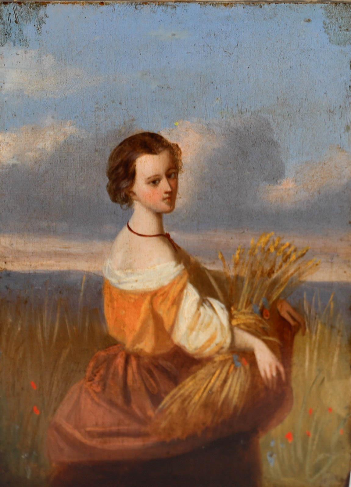 Unknown Portrait Painting - 18th Century Oil - Wheat Gatherer