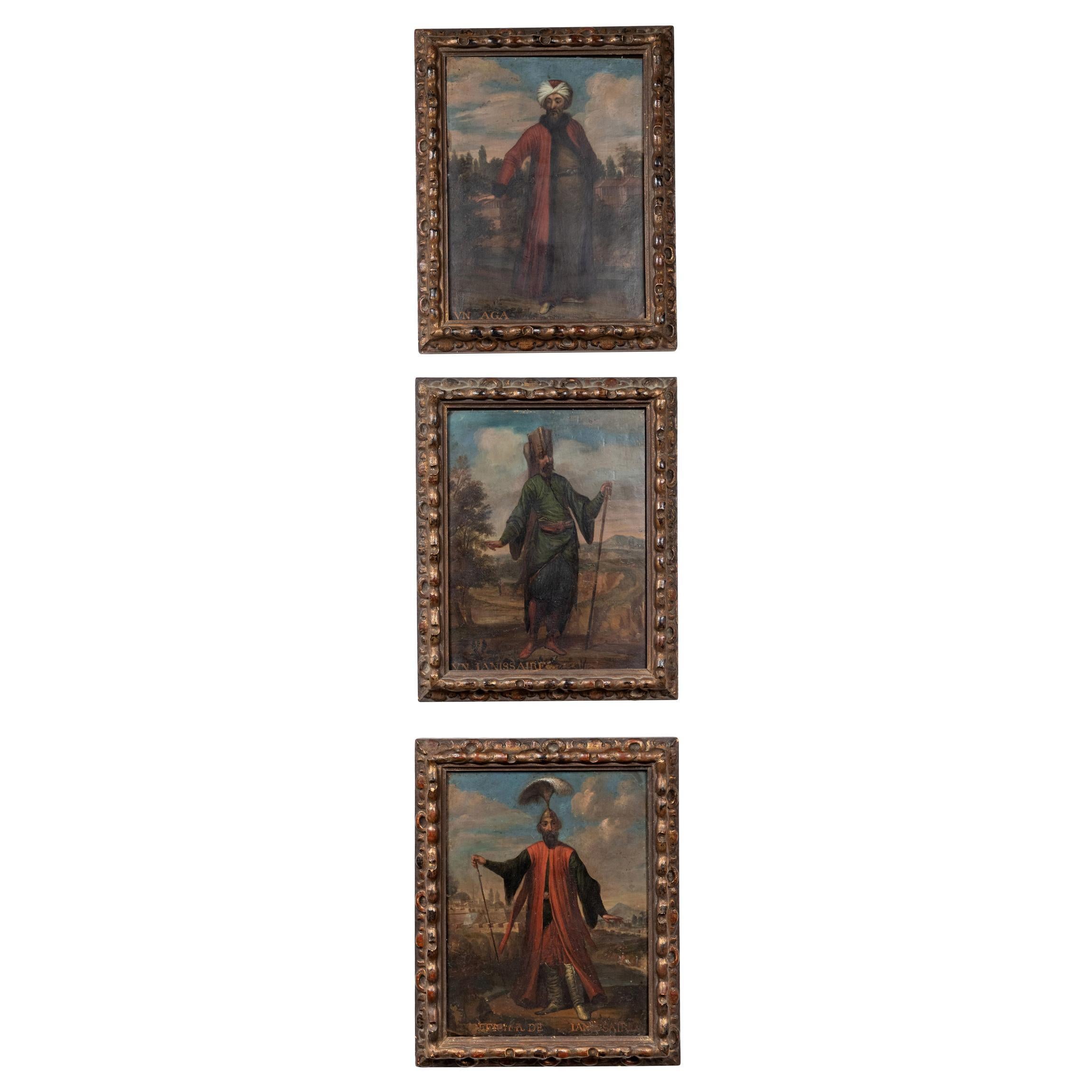 A remarkable trio of 18th century, oil-on-copper paintings of, Ottoman Empire figures in colorful robes and accouterments, posing in European style landscapes. Each figure is labeled on the lower left, and reveals their rank in an elite infantry