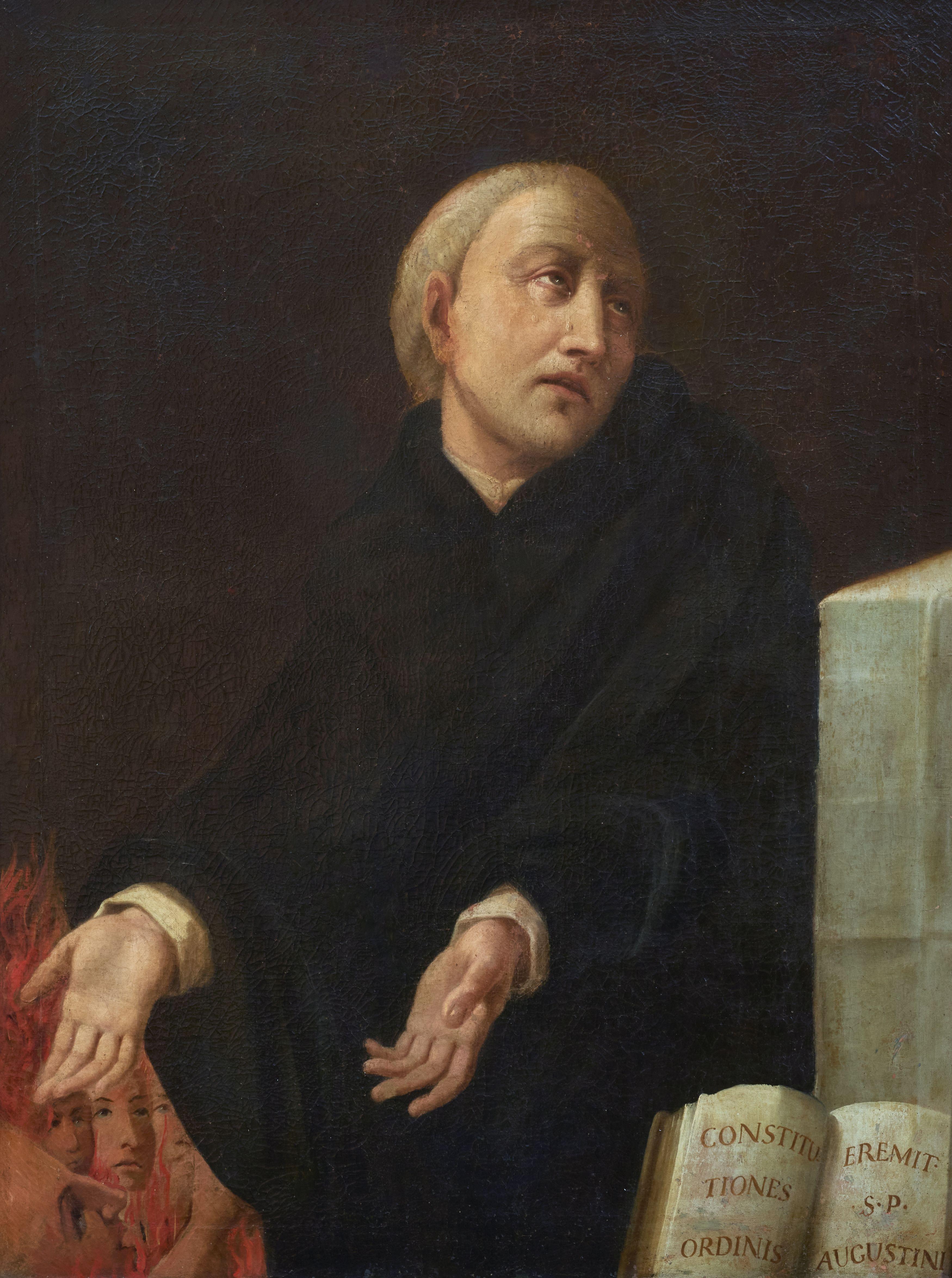 Unknown Portrait Painting – 18. Jahrhundert Porträt Flamish School Charakter Öl auf Leinwand Schwarz Orange Weiß