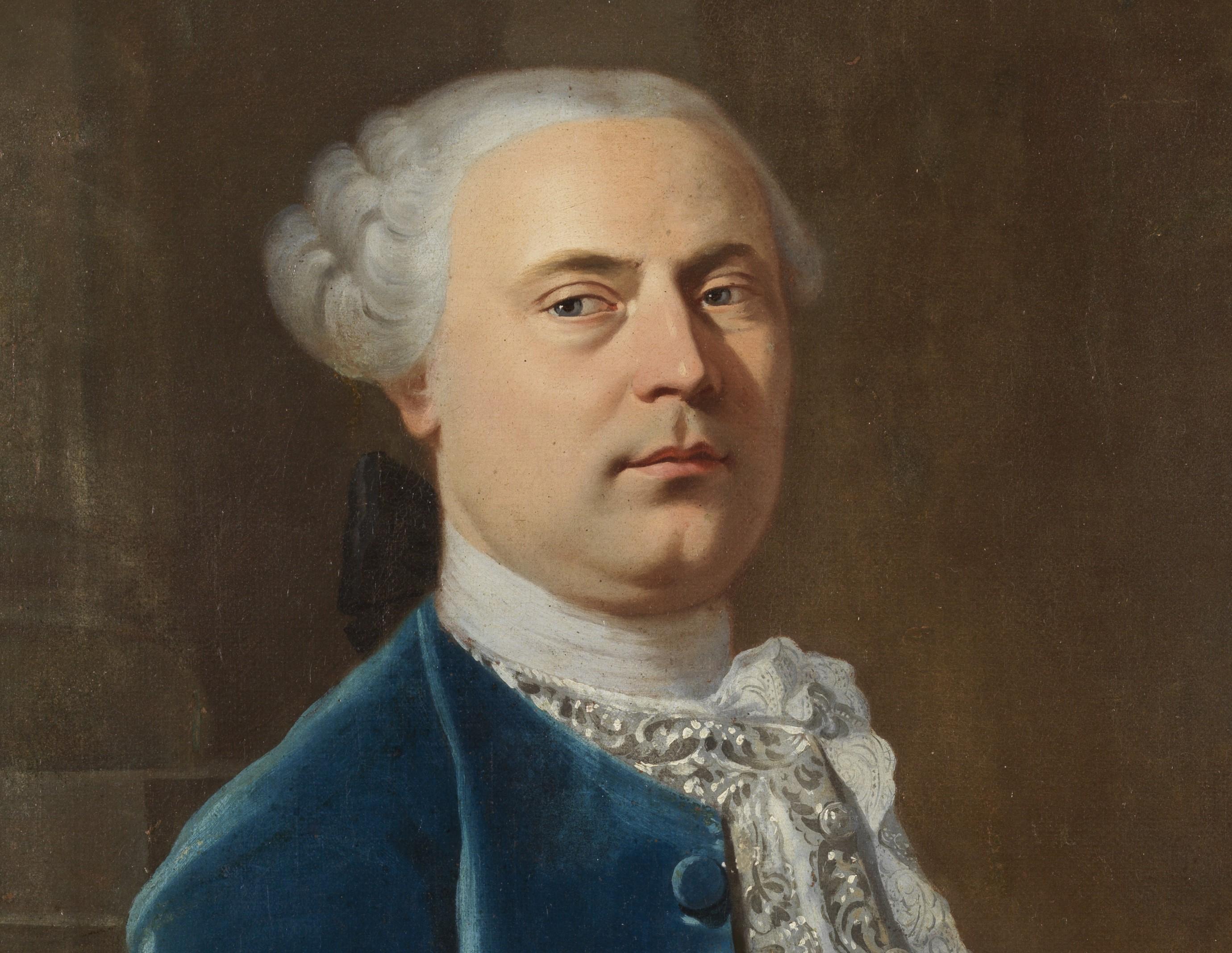 18th Century Portrait of a Gentleman French School Man Oil on Canvas Blue White - Painting by Unknown