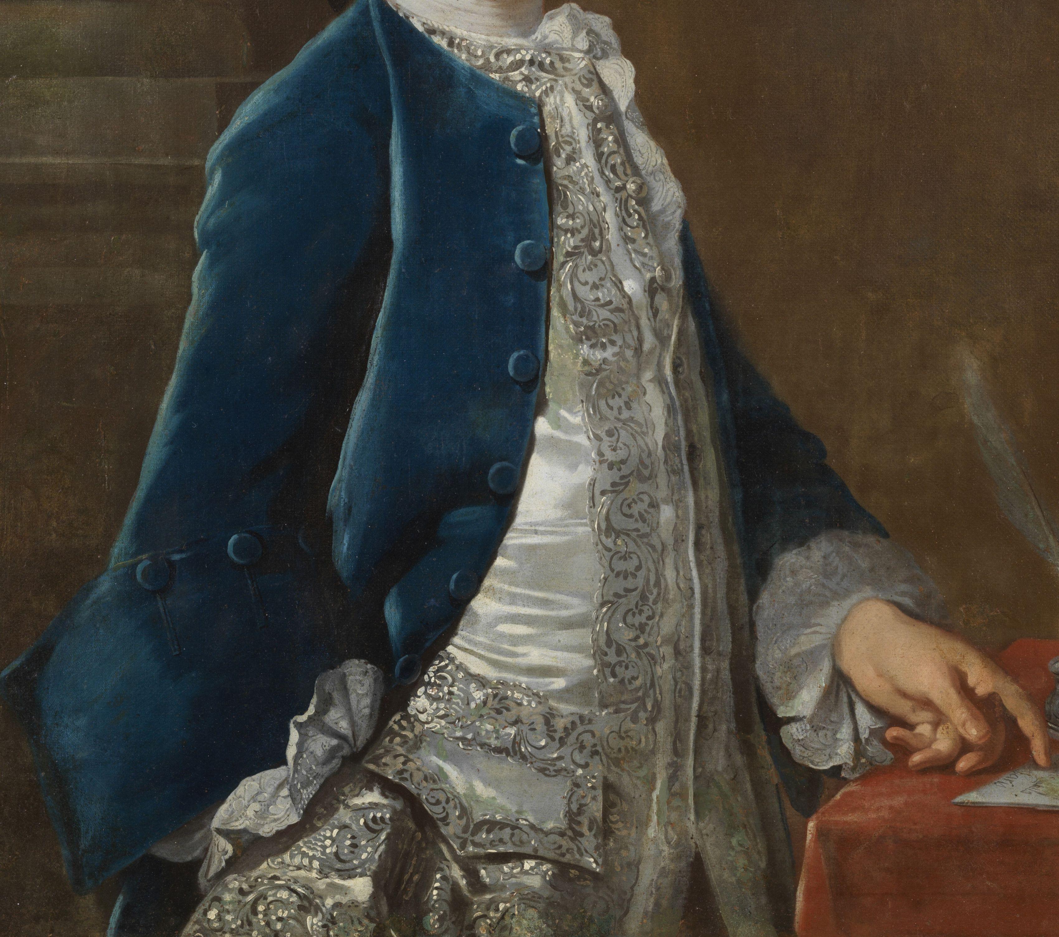 18th Century Portrait of a Gentleman French School Man Oil on Canvas Blue White - Black Portrait Painting by Unknown