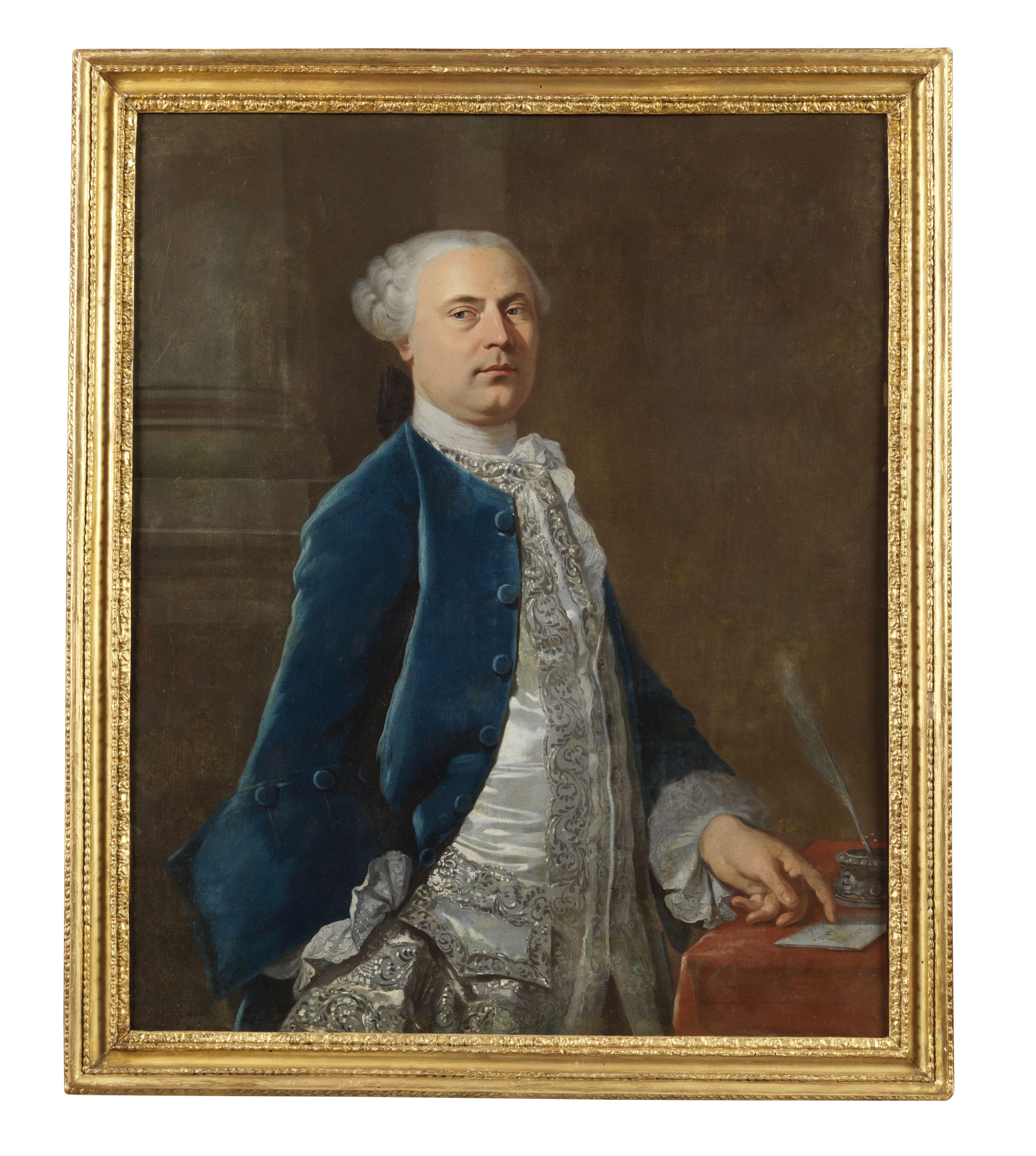 18th Century Portrait of a Gentleman French School Man Oil on Canvas Blue White For Sale 1