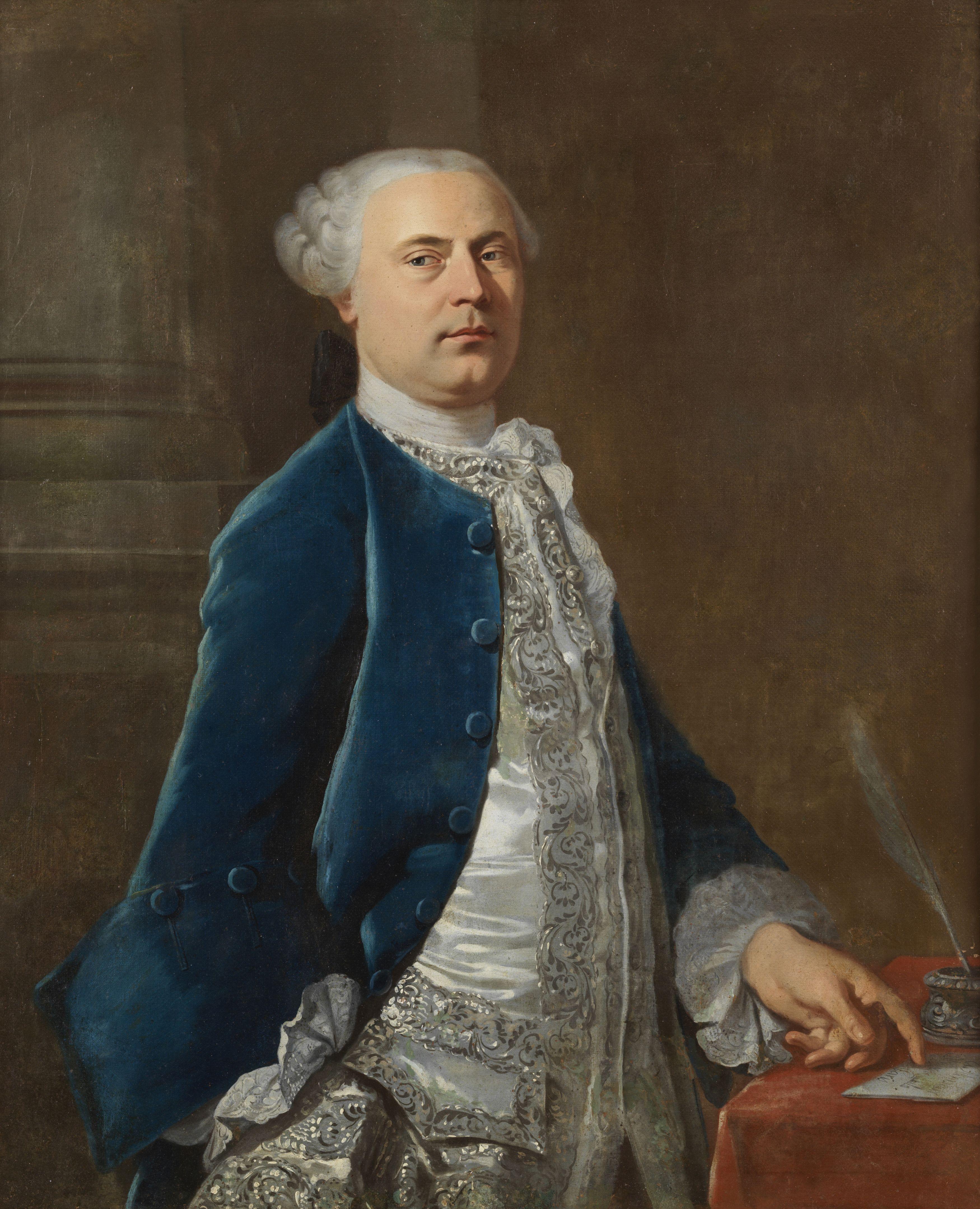 18. Jahrhundert Porträt eines Gentleman Französisch Schule Mann Öl auf Leinwand Blau Weiß