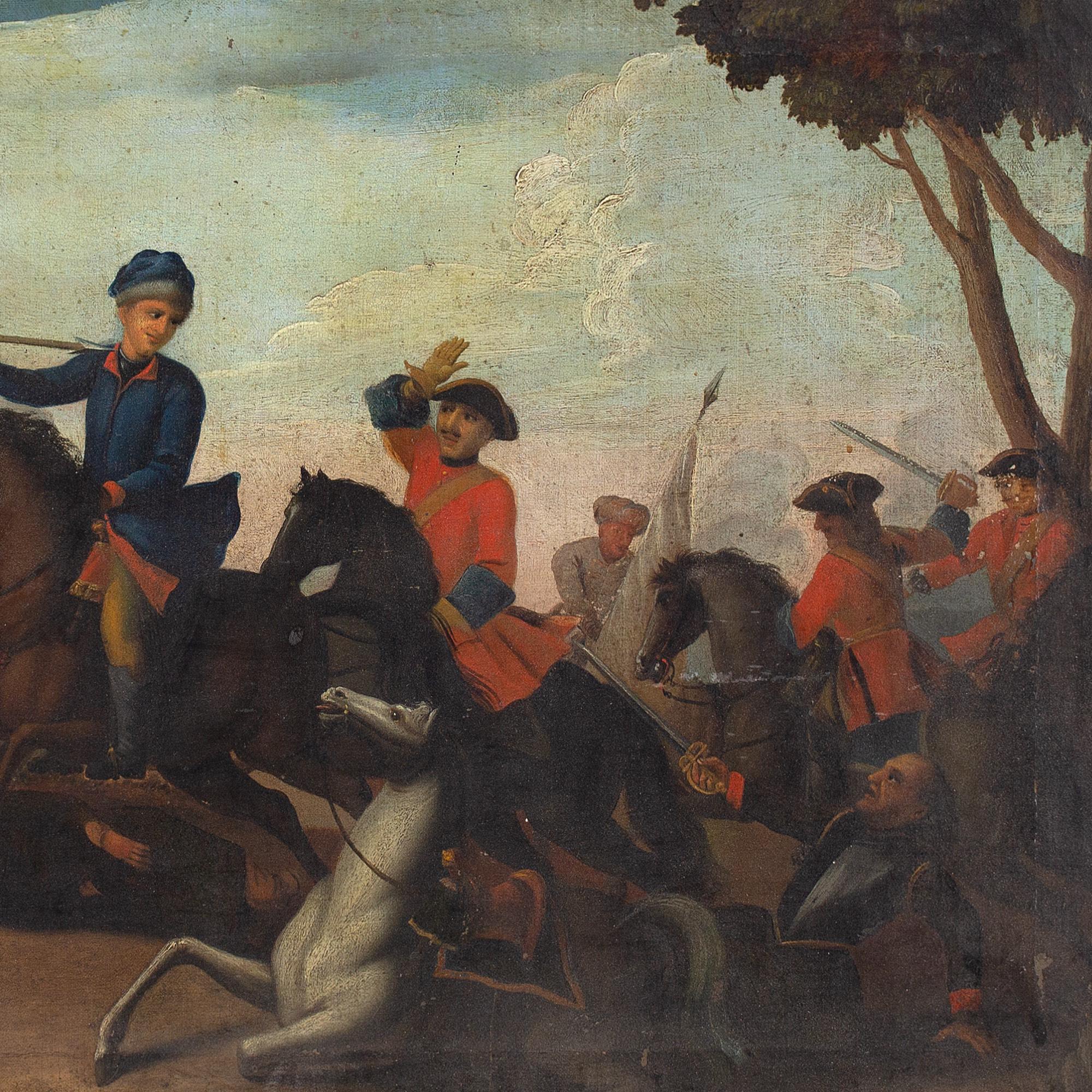 18th-Century Provincial German School Cavalry Battle, Oil Painting 1