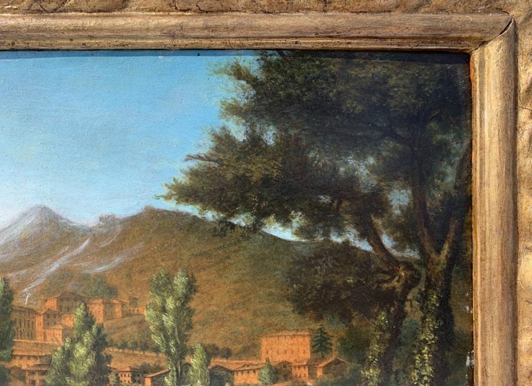 Roman painter of the 18th century - Arcadian landscape with resting shepherds. 

18.5 x 23.5 cm without frame, 27 x 32 cm with frame. 

Oil on paper applied on canvas, in a carved and gilded wooden frame. 

Condition report: Original paper support