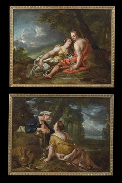 Scnes Galanti En Plein Air, huile sur toile de l'école française du 18ème siècle, jaune et rouge