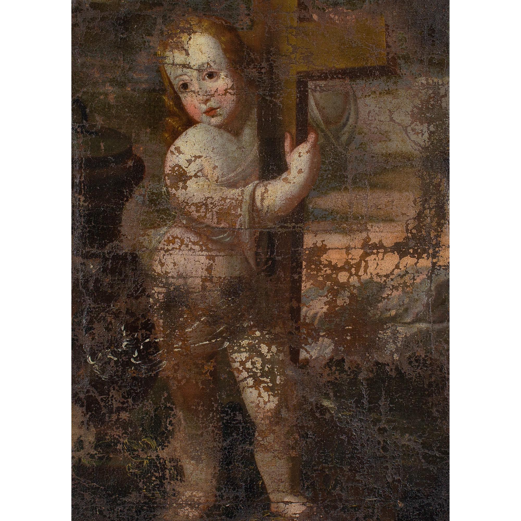 Scuola spagnola del XVIII secolo, Gesù bambino che abbraccia la croce - Painting di Unknown