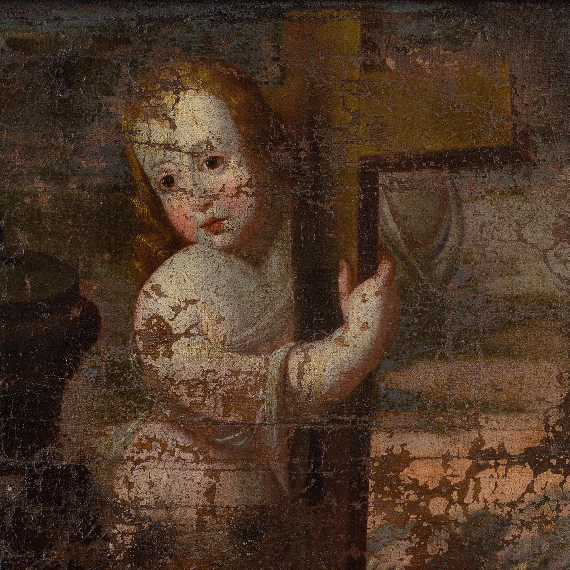 Questo dipinto a olio spagnolo dell'inizio del XVIII secolo raffigura un Gesù bambino che stringe una croce davanti a un paesaggio.

Vestito con una fluente veste bianca, come riferimento simbolico alla purezza, il bambino Gesù viene presentato con