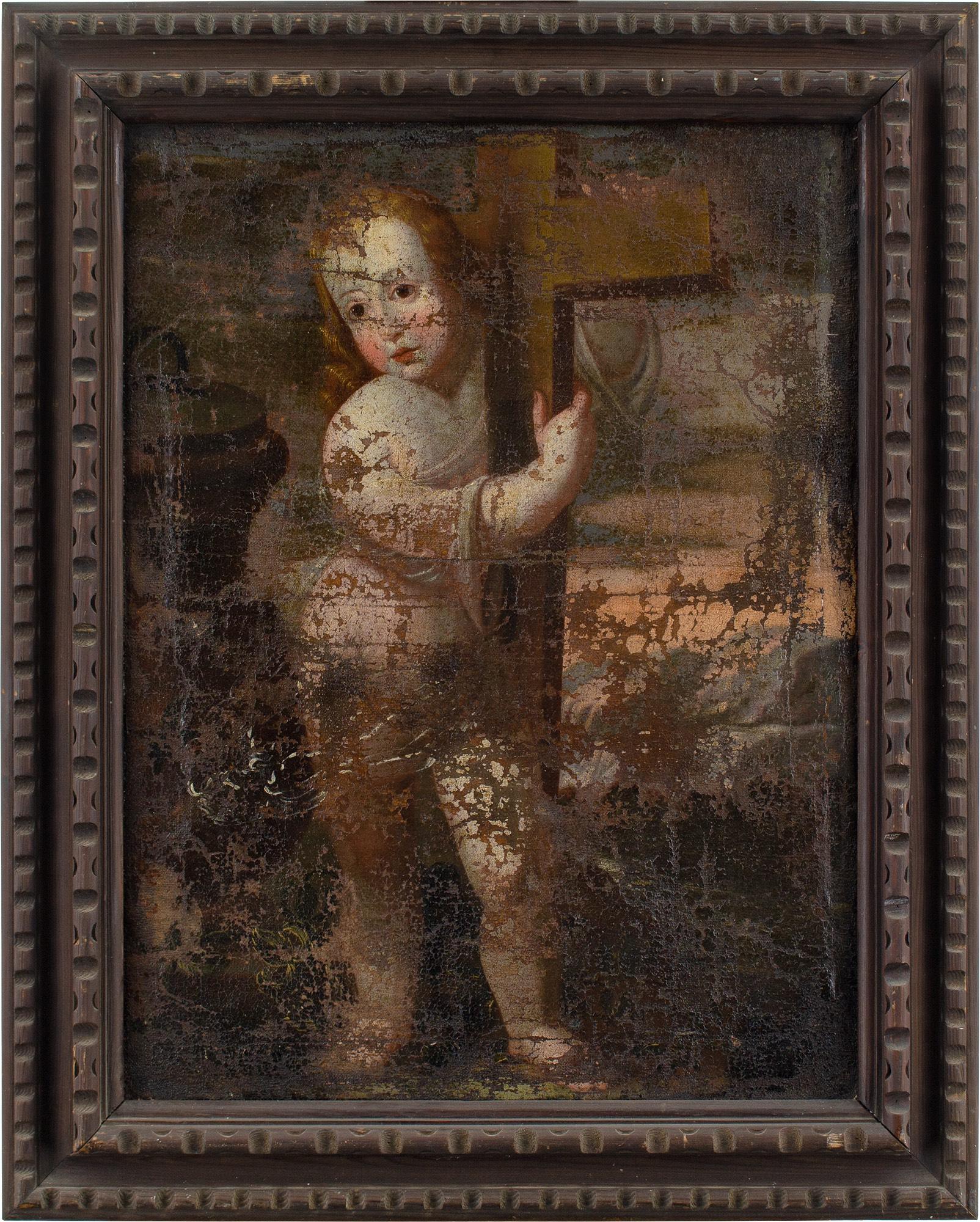 Figurative Painting di Unknown - Scuola spagnola del XVIII secolo, Gesù bambino che abbraccia la croce