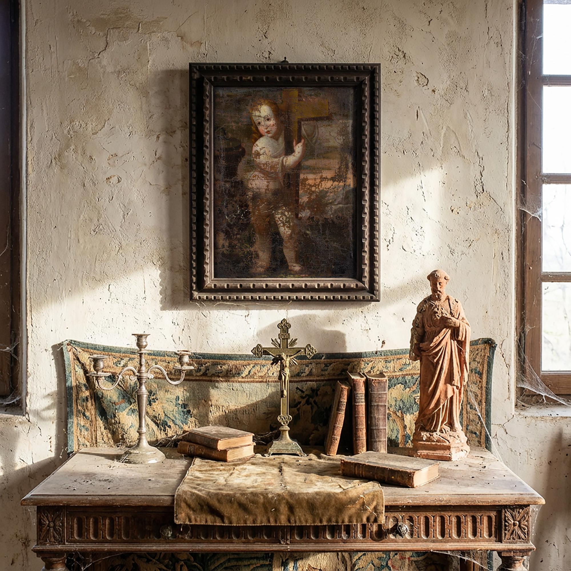 Spanish School aus dem 18. Jahrhundert, das Jesuskind umarmt das Kreuz – Painting von Unknown