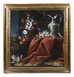 18th Century Still Life Italian School Natura Morta Rug Flowers Oil on Canvas