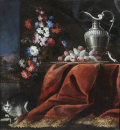 18th Century Still Life Italian School Natura Morta Rug Flowers Oil on Canvas