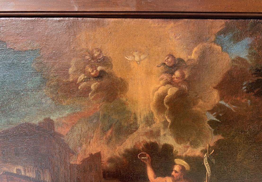 Peintre vénitien (XVIIIe siècle) - Baptême du Christ.

58,5 x 75,5 cm sans cadre, 65 x 82 cm avec cadre.

Huile sur toile, dans un cadre en bois.

- Porte une inscription au dos : 