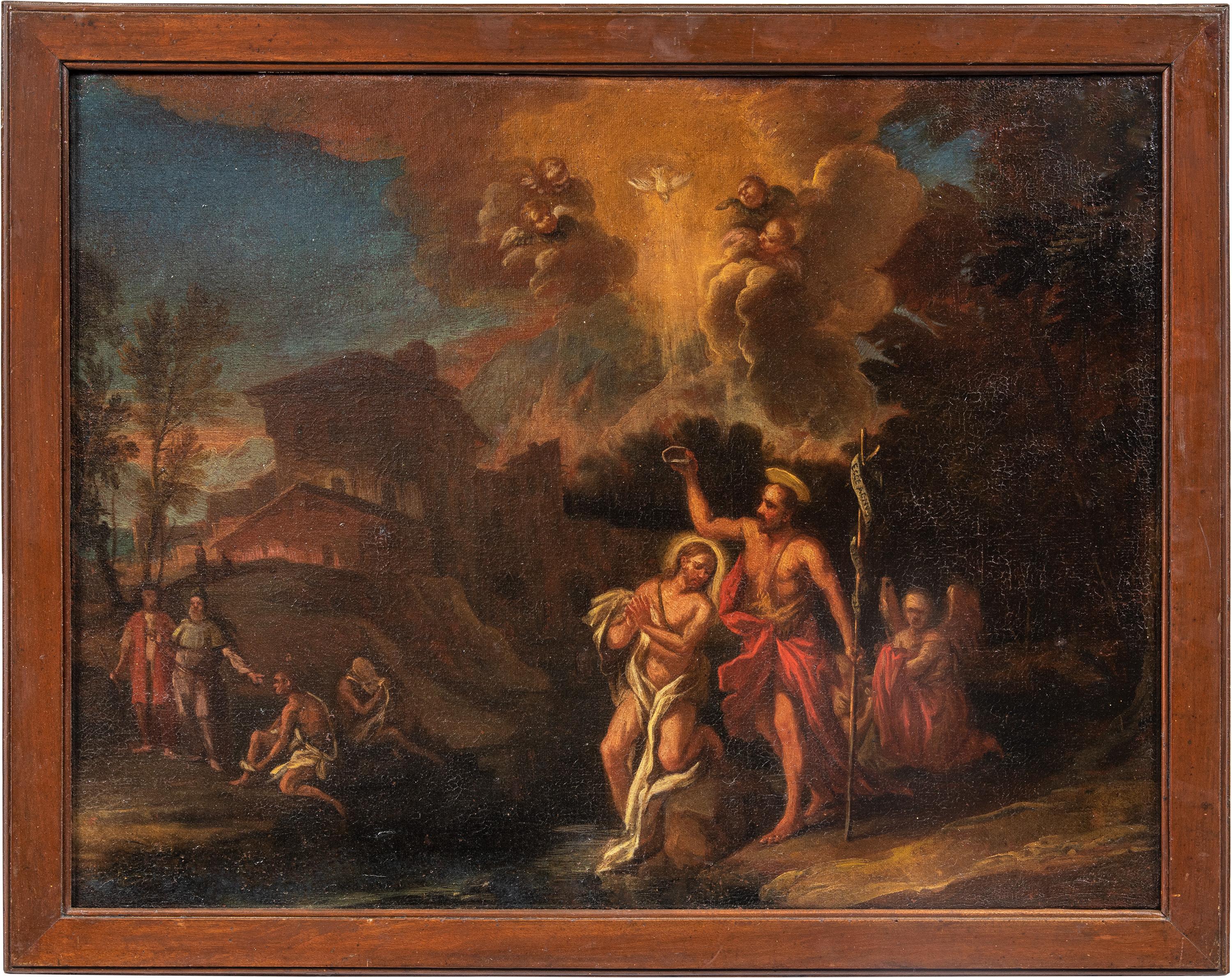 Figurative Painting Unknown - Peintre vénitien religieux - peinture de personnages du XVIIIe siècle - Baptême du Christ 