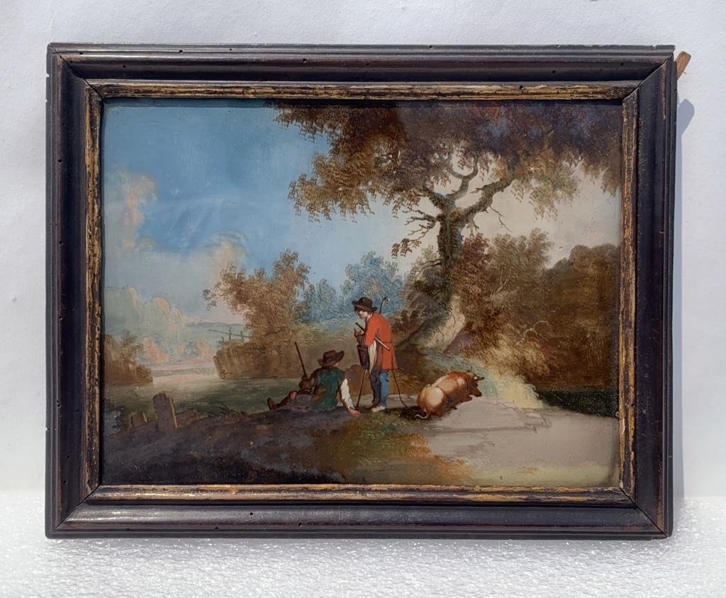 18th century Venetian landscape painting - Pastoral scene - Oil on glass Venice - Painting by Unknown