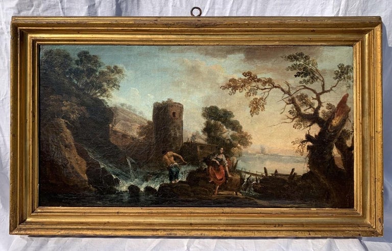 18th century Venetian lanscape painting - Zuccarelli - Oil on canvas Tower  - Painting by Unknown