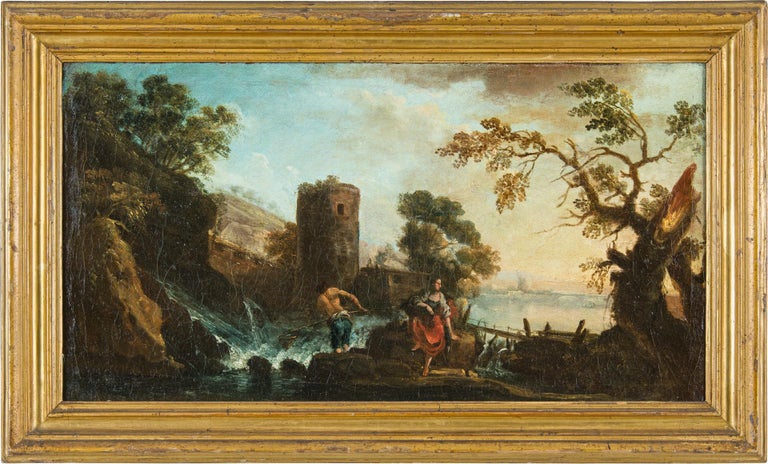 Unknown Figurative Painting - 18th century Venetian lanscape painting - Zuccarelli - Oil on canvas Tower 