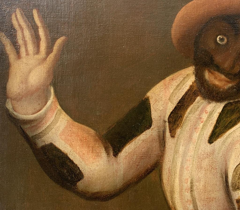Maestro veneziano (XVIII secolo) - Maschera di Arlecchino.

162 x 68 cm senza cornice, 169 x 77 cm con cornice.

Olio su tela, in una cornice di legno laccato bianco.

Rapporto sulle condizioni: Tela foderata. Sono presenti buone condizioni di