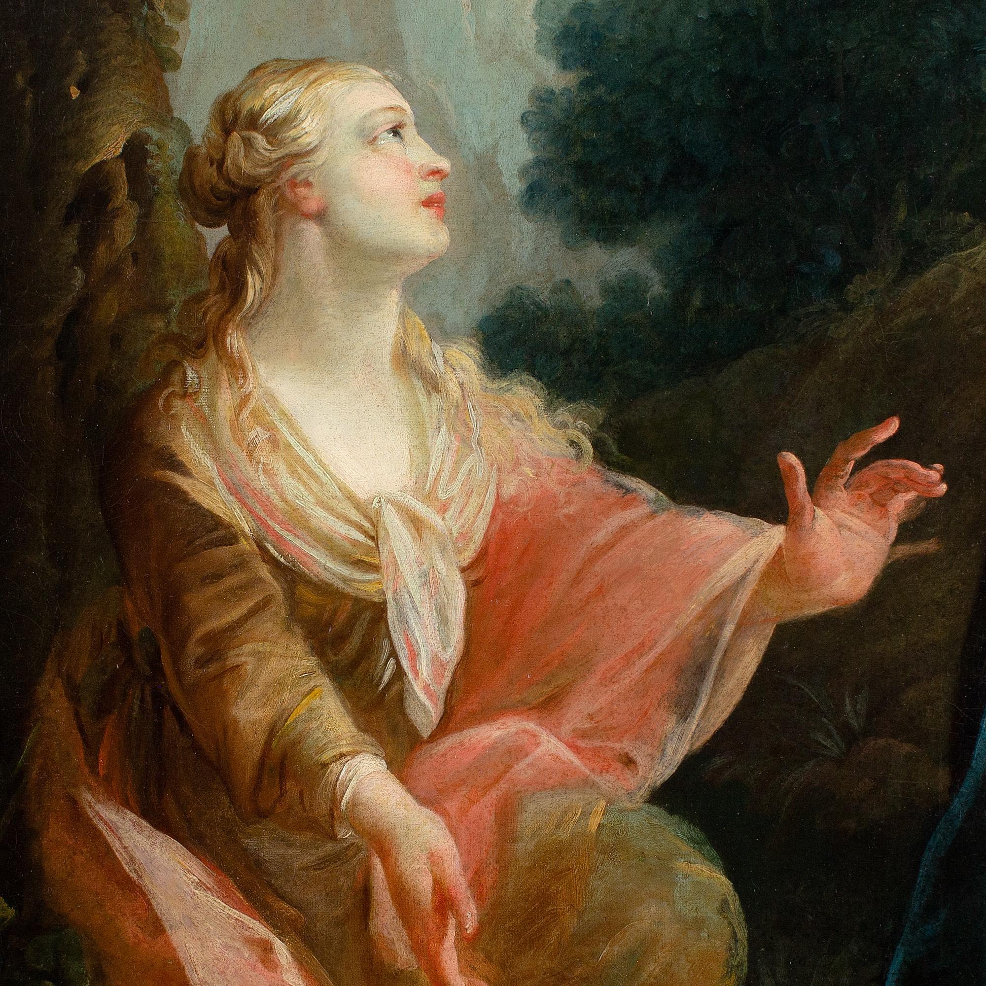 Dieses Fragment eines italienischen Ölgemäldes aus dem späten 18. Jahrhundert zeigt Maria Magdalena kniend neben einem Alabastergefäß. Oben ist teilweise die Hand Christi zu sehen, zusammen mit seinem Gewand, was darauf hindeutet, dass es sich um