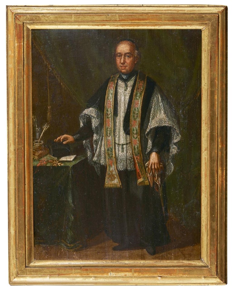 18th Century Venetian School Portrait of a Bishop Oil on Panel Green Brown Black - Painting by Unknown
