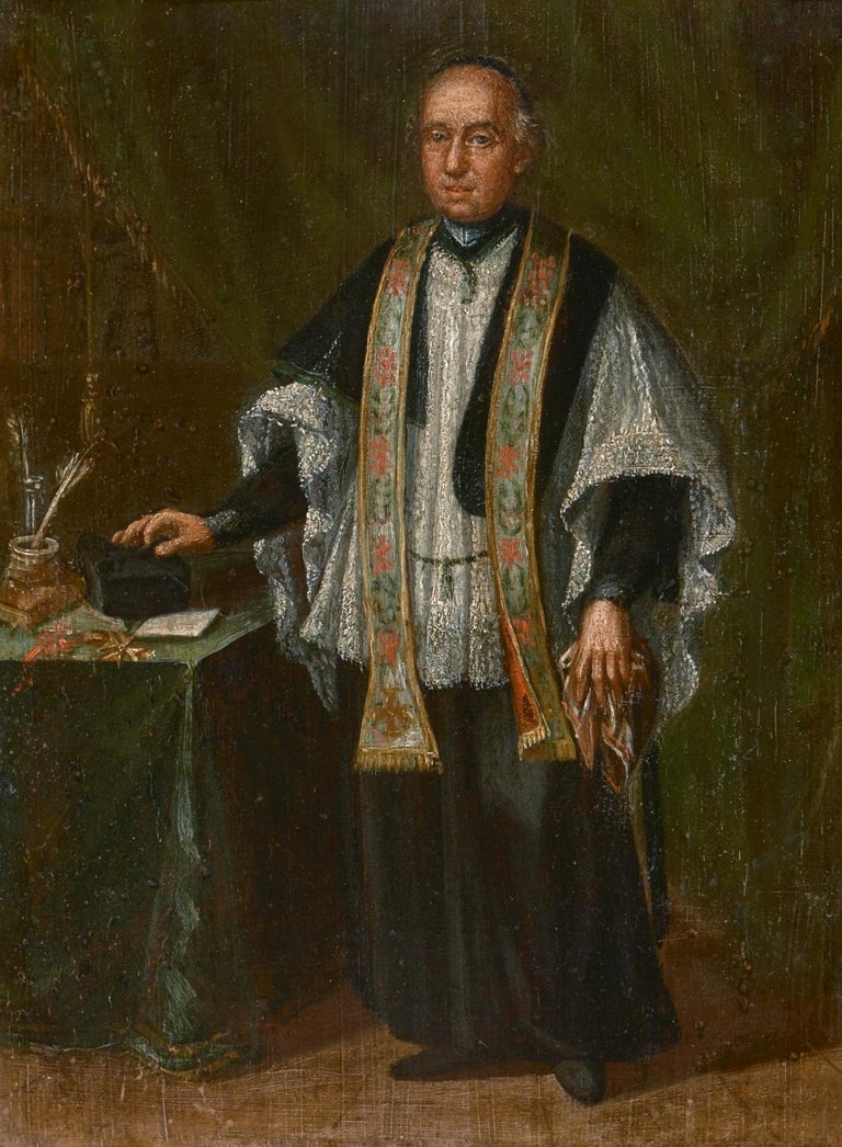 18th Century Venetian School Portrait of a Bishop Oil on Panel Green Brown Black For Sale 1
