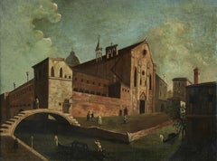 Antique 18th Century Venice Italian School Chiesa dei Servi Venice Oil on Canvas Red