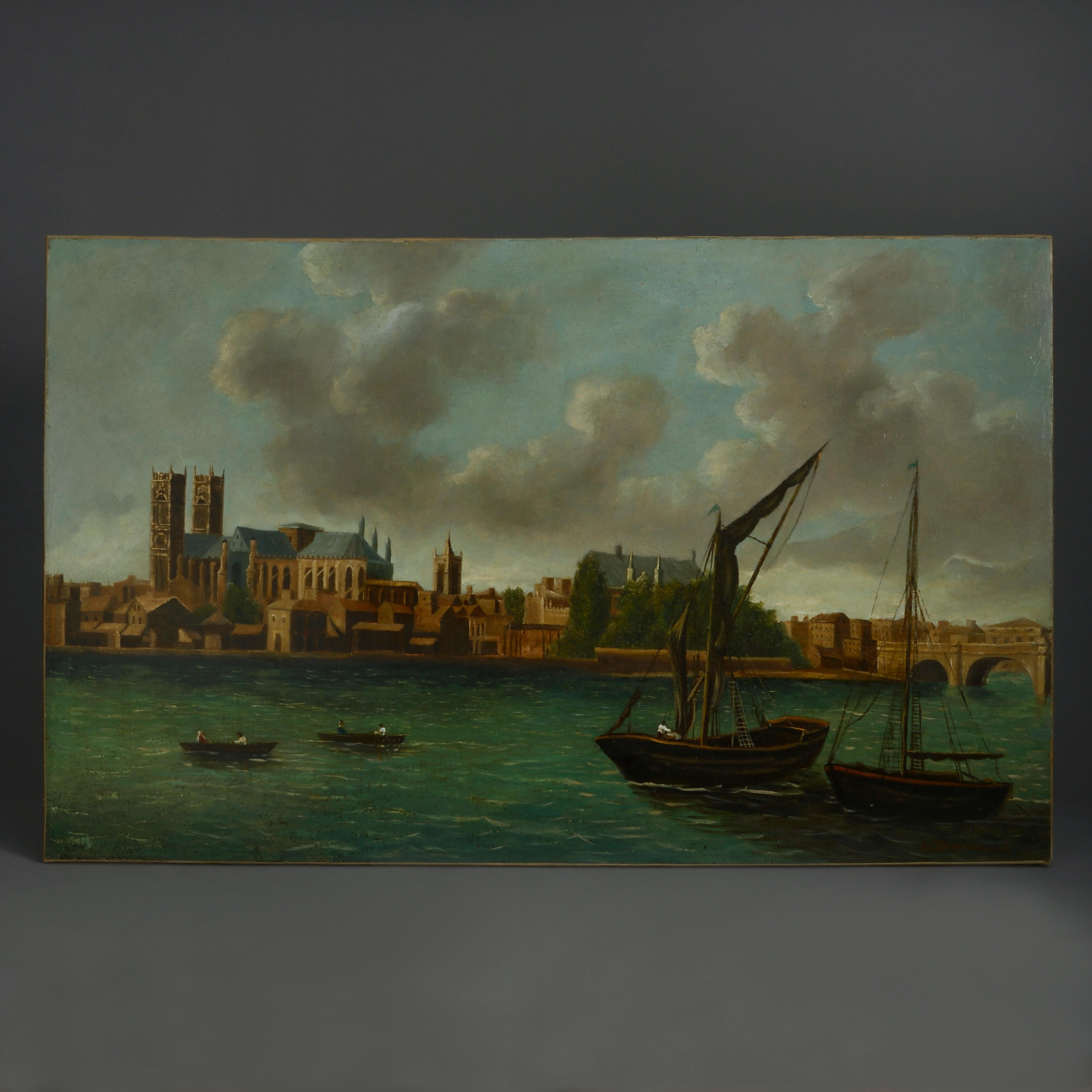 Unknown Landscape Painting - 18th Century View of Westminster, London, from The Thames – Oil on Canvas
